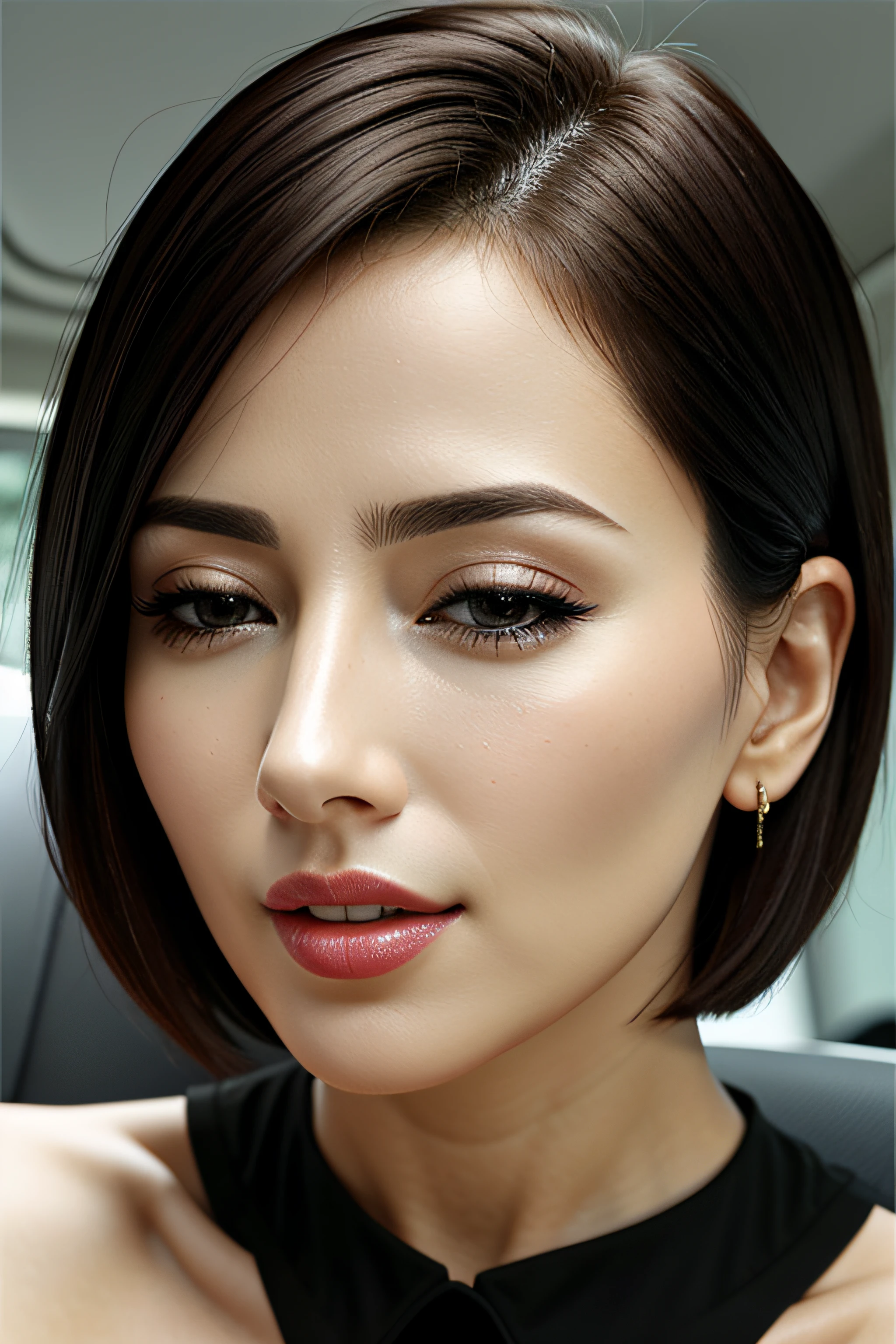 masutepiece,,award - winning photo, Extremely detailed, edgOrgasm,Face Focus, Woman with mouth open and eyes closed , Woman with Edge _Face、30-years old、A dark-haired、CNN News Anchor、Glossy skin、inside of a car、Close-up of face,frombelow、Realistic nostrils、NSFW,short cut hair、