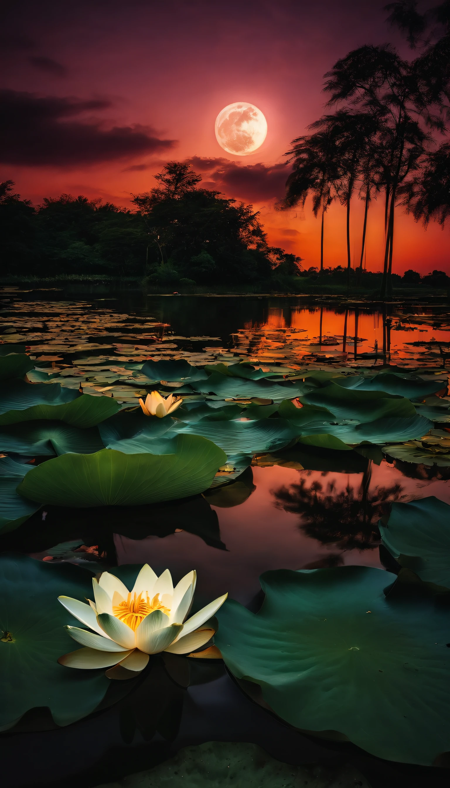 (tmasterpiece，Authentic photography，Concise composition：1.5），the night，Lotus pond moonlight，Beautiful artistic conception