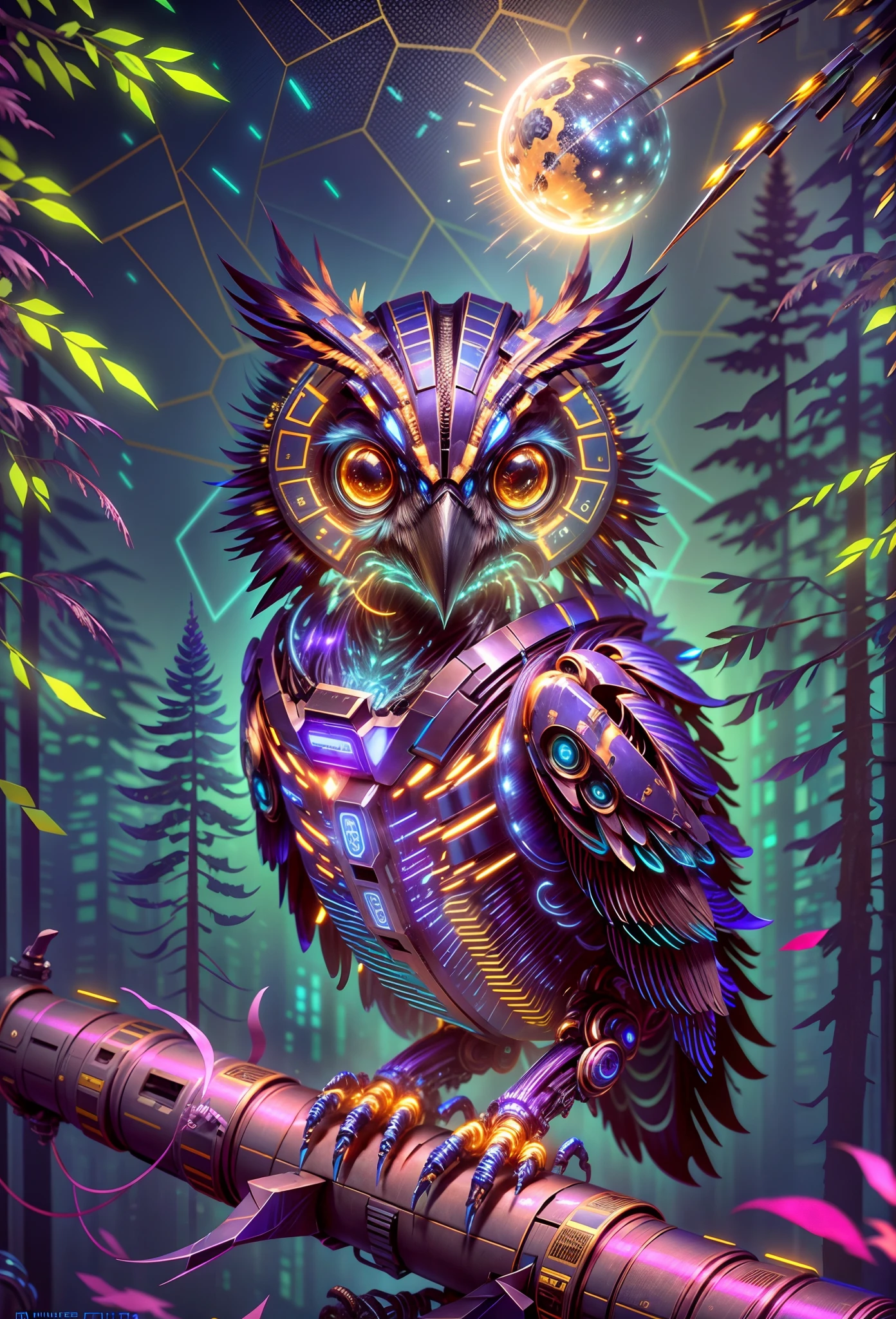 (Best Premium, 8K, A High Resolution, Masterpiece: 1.2, Super Ultra Detail), Futuristic Robot Owl, Full Body, Colorful Neon Lights, High Tech Mechanical Parts, Metal Claws and Wings, Metal Head and Peck, Metal Feathers, Extremely Cool, Metal Legs, Bionic Eyes, Detailed Feather Design, Sharp Beak, Hovering in Mid-air, Electric Blue and Bright Purple, Vivid Glowing Eyes, Reflective Metal Surface, Gloomy Environment, Dynamic Pendulum Stance, majestic presence, technological advancement, interlocking mechanical gears, dynamic and stylish design, motion blur effect, meticulous craftsmanship, sci-fi atmosphere, streamlined aerodynamic shapes, laser scanning patterns, holographic projections, luminous circuit lines , haunting beauty, otherworldly precision, advanced sensors, complex algorithms, ominous and mysterious atmosphere, electric sparks, shiny chrome, futuristic propulsion system, Mech4nim4lAI