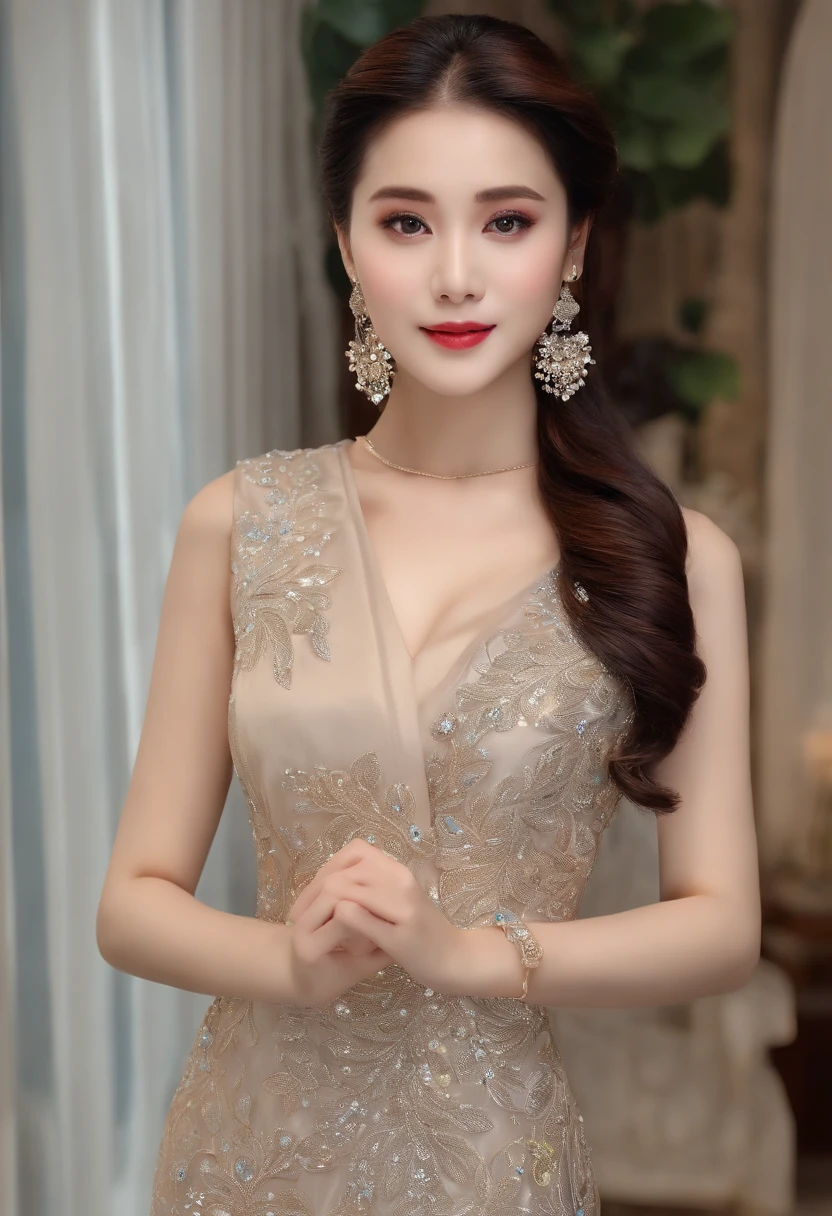 Master masterpieces,Very beautiful beauty,(((A full-length photo of iridescent crystals)))Embroidered cheongsam,((Neat shawl for straight hair)),big bright eyes,Eyes like silk,Nice sunset,Beautiful sky,Delicate face,Best Picture Quality,16K,((frontage)),((looks into camera)),extreme hight detail,High resolution,Photoquality,ultra HD picture quality,