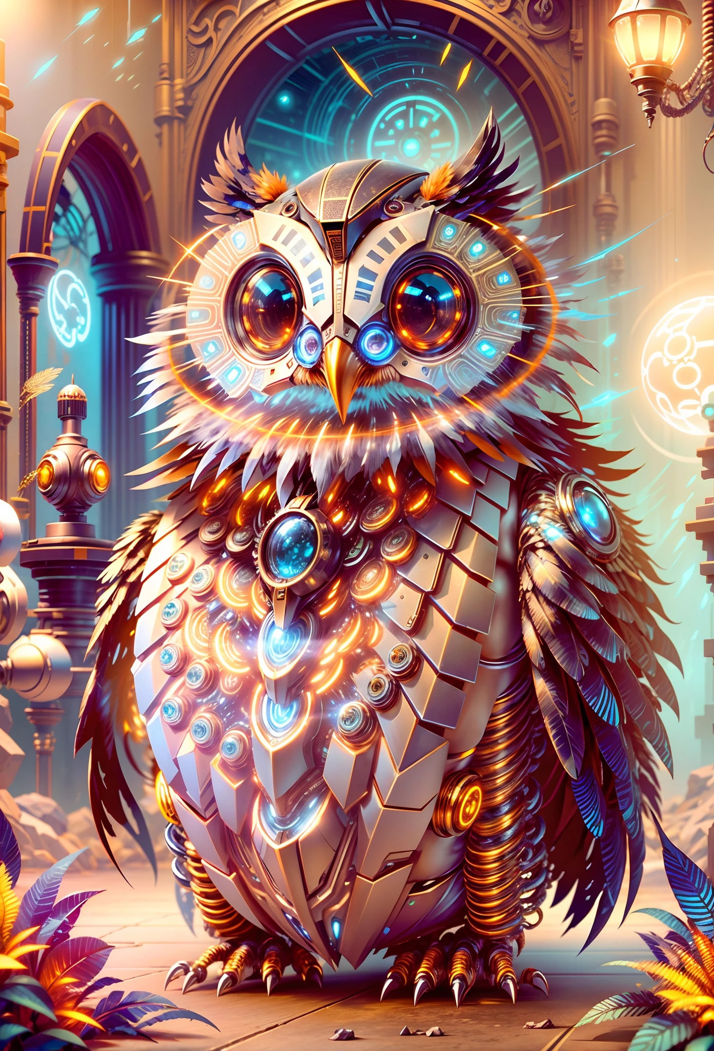 (Best quality, 8K,A high resolution,Masterpiece:1.2),Ultra-detailed),Futuristic robot owl,full bodyesbian,High-tech mechanical parts,Metal claws and wings,Metal heads and pecks,Metal feathers,Extremely cool,Metal legs,Bionic eye,Detailed feather design,sharp beak,hovers in mid-air,Electric blue and bright purple,Vivid glowing eyes,Reflective metal surface,Gloomy environment,Dynamic pose,imposing presence,Technological progress,Interlocking mechanical gears,Dynamic and stylish design,motion blur effect,meticulous craftsmanship,Sci-fi atmosphere,Streamlined aerodynamic shape,Laser scanning pattern,holographic projections,Light-emitting circuit lines,hauntingly beautiful,Otherworldly precision,Advanced sensors,Complex algorithms,Ominous and mysterious atmosphere,electric sparks,Shiny chrome plating,Futuristic propulsion system, Mech4nim4lAI