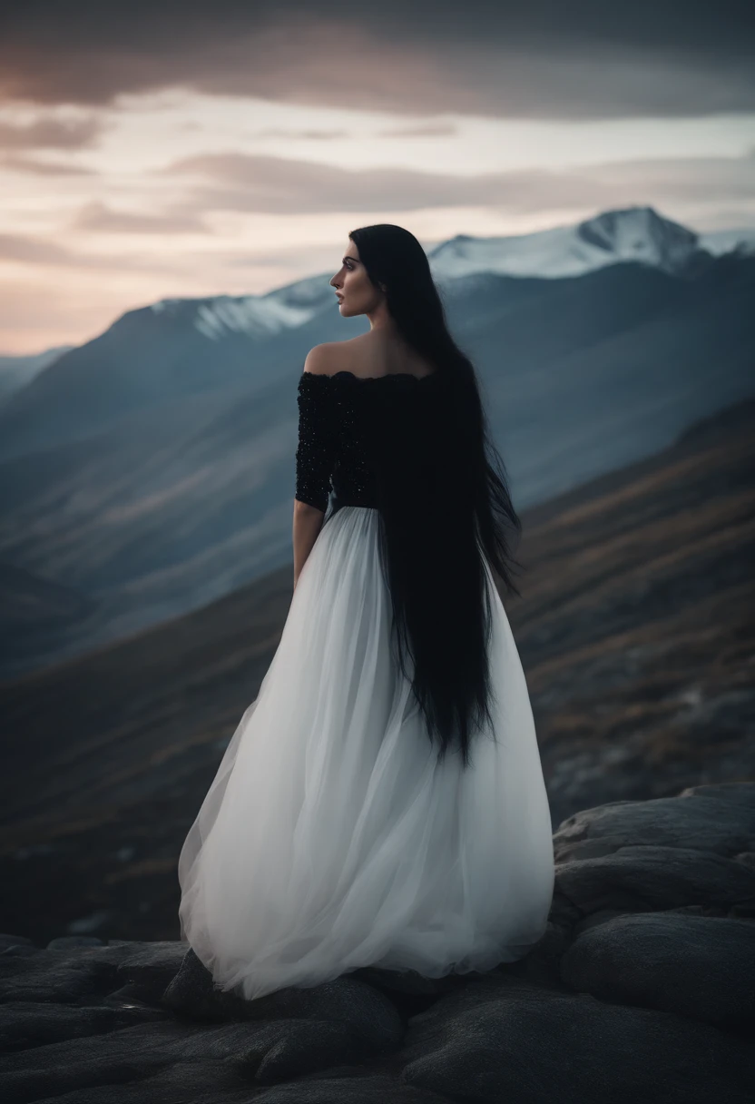 Straight black haired white young woman in gothic black clothes in mountains spot with aurora borealis