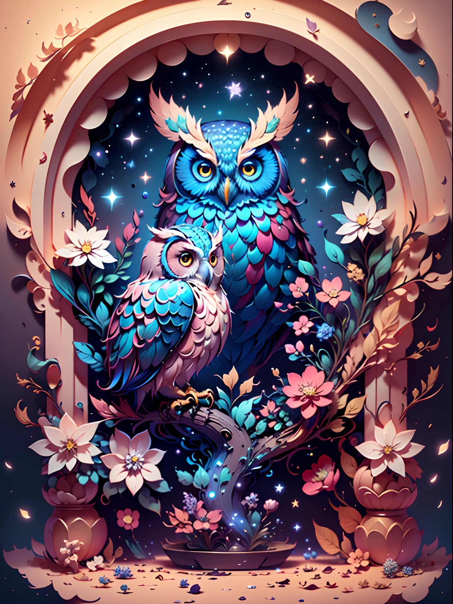 DreamlikeArt, Starcloud, stele, (Owl from the stars: 1.5), blossoms,Foliage,vivd colour,RGB colors,Global illumination