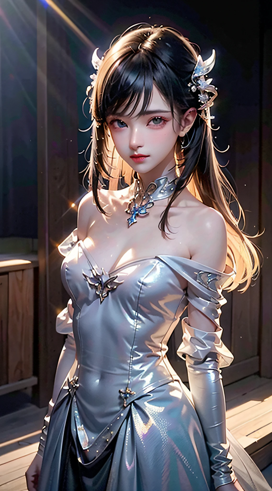 masterpiece、hightquality、3D、8K CG、intricate detailes、Sacred。ornament detached, Dylan Kowalski, student, ((2girlull body standing symmetrical beautiful woman, hyper realistic, 1girl, The upper part of the body, musculature, Skindentation, looking to side, Silver hair、length hair, Mechanical arm, synthetic skin, porcelain, pearls, Holographic, Titanium, Diamonds, ruby, sapphires, Pedras preciosas, Clockwork, grunge, worn edges, s Armor, Beautiful breasts、Twin-tailed hairstyle、Western castleest quality, masterprice, 1girl, (solo:1.1), raytracing, ultra detailed,detailed face, 8k wallpaper,