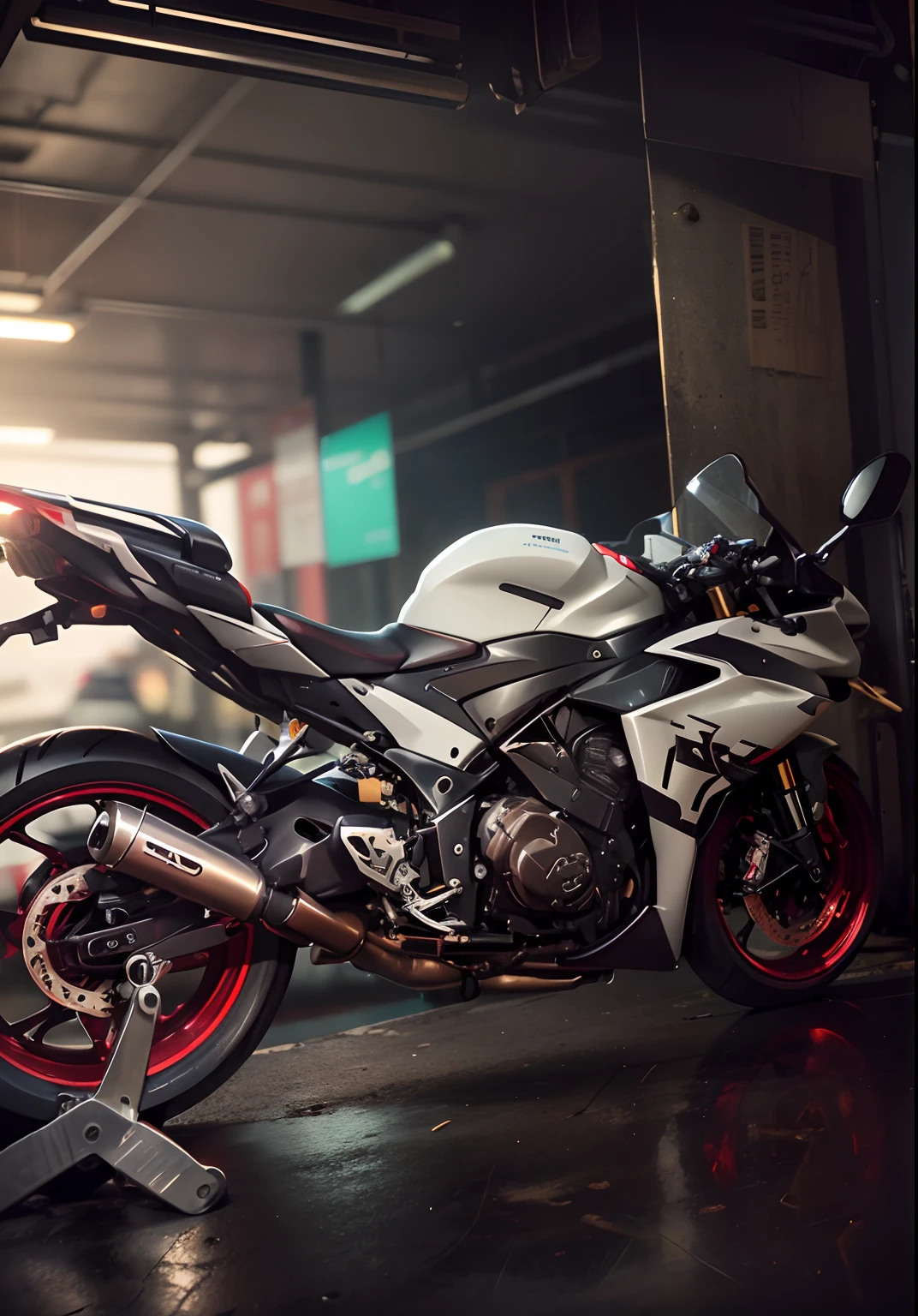 there is a motorcycle parked in a garage with a red tape, front side full, yoshimura exhaust, captured with sony a3 camera, taken with sony a7r camera, side front view, motorcycle, front side, samurai vinyl wrap, f 3 2, f32, front side views full, rear shot, front side view, motorbike, front profile, background, bokeh