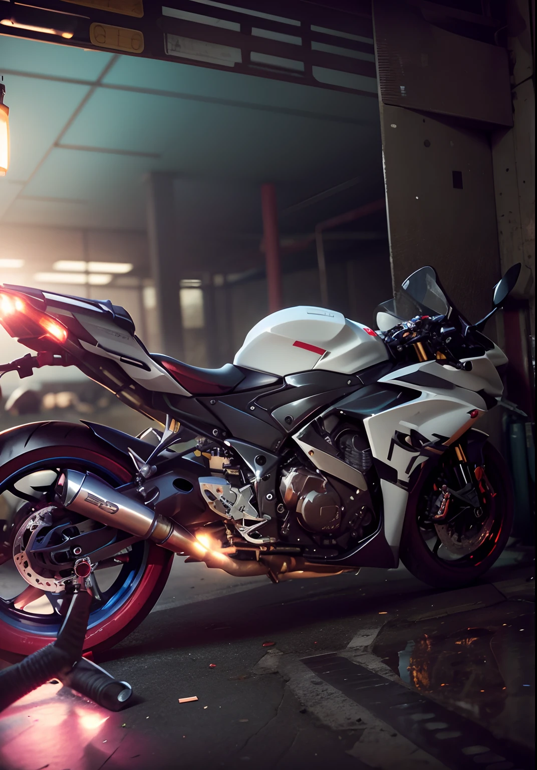 there is a motorcycle parked in a garage with a red tape, front side full, yoshimura exhaust, captured with sony a3 camera, taken with sony a7r camera, side front view, motorcycle, front side, samurai vinyl wrap, f 3 2, f32, front side views full, rear shot, front side view, motorbike, front profile, background, bokeh