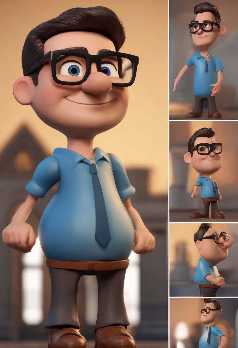 Cartoon character of a man with black glasses and a blue shirt, animation character, Caractere estilizado, animation style rendering, 3D estilizado, Arnold Maya render, 3 d render stylized, toon render keyshot, Personagem 3D, Personagem 3D, 3d rendering stylized, 3 d character render, personagem de desenho animado, Personagem de close up, Pose de personagem,  (Estilo Pixar) (master part:1.2) (Bokeh) (best quality) (pele detalhada) (textura detalhada) (8k) (argila) (Cinematic lighting) (foco nítido