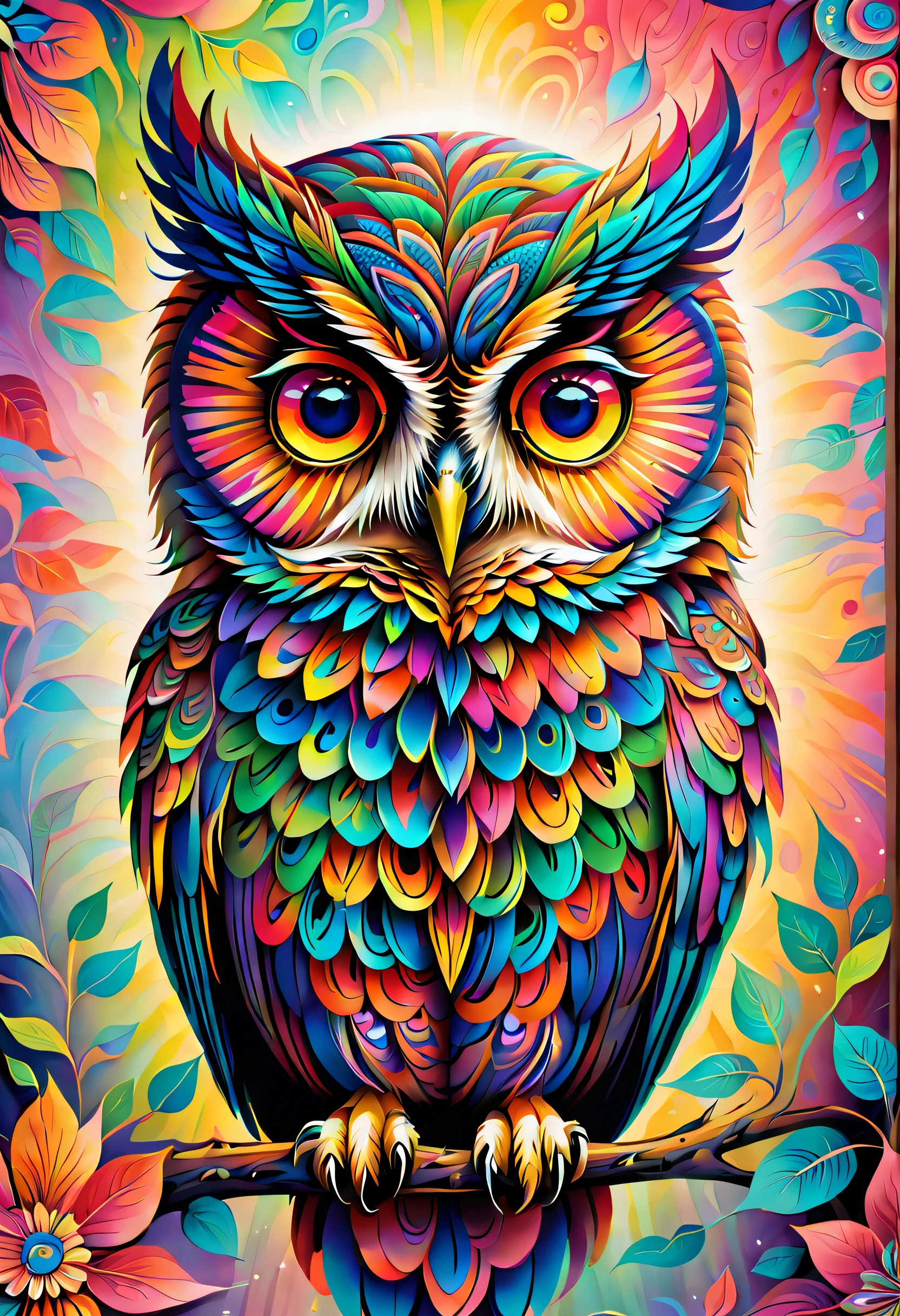 Featuring a captivating and vibrant psychedelic owl painting. The art of the owl is exquisitely designed with vivid colors, intricate patterns and mesmerizing details. The painting is leaning against the back of the frame, creating a dynamic and casual display. The combination of the vertical frame and the psychedelic art of the owl add a touch of artistic fascination to any space.