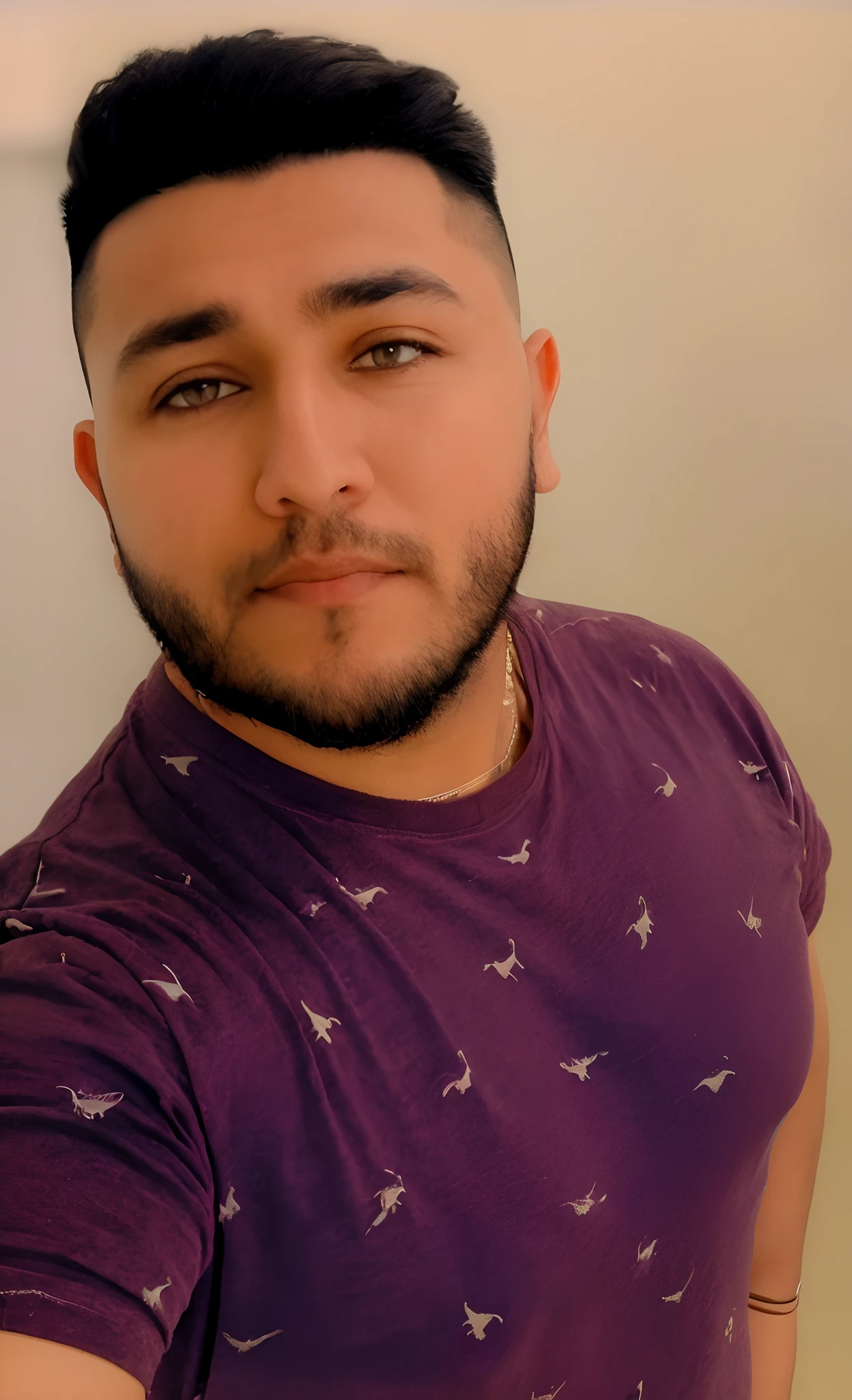 Arafed man with beard and a purple shirt with birds on it, imagen de muy muy muy baja calidad, around 1 9 years old, taken in the early 2020s, 1 / 2 disparos en la cabeza, muy, muy baja calidad, Imagen de perfil, Foto de perfil de la foto de cabeza, andres rios, 2 7 years old, Foto de perfil, Foto de baja calidad, Christian Orrillo