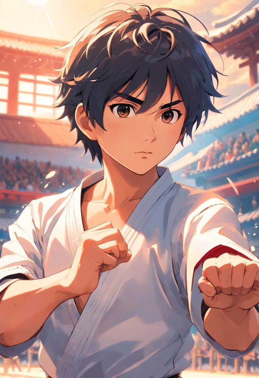 Karate Kid Movies Recreate Battle Scenes, personagem masculino, mid hair, cabelo preto, cabelo preso, olhos castanhos, karate-gi, karateka, treinando, dojo tokyo