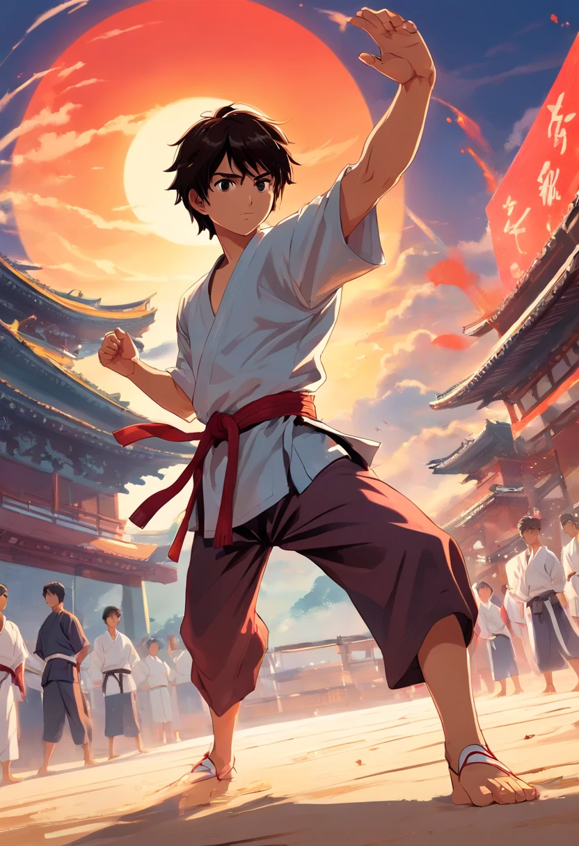 Karate Kid Movies Recreate Battle Scenes, personagem masculino, mid hair, cabelo preto, cabelo preso, olhos castanhos, karate-gi, karateka, treinando, dojo tokyo