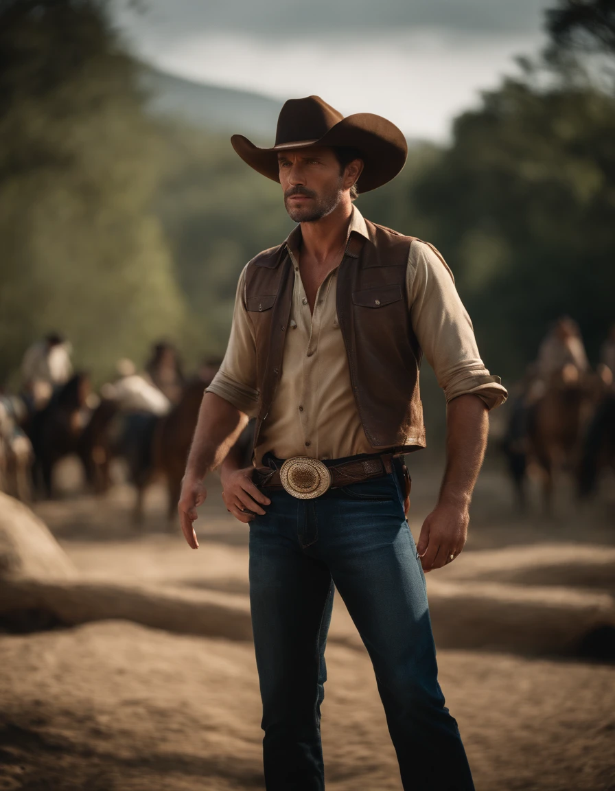 cinematic portrayal, ((parte superior do corpo)), facing the audience, (realidade :1.3), Foto de arte mais bonita do mundo, A man looks at the camera, Looks jeans vintage, Cowboy ocidental, rosto bonito detalhado, action shot, (intrincado :1.4), Fundo ocidental, fotografia realista, Durante o dia, CG, Stand de Arte