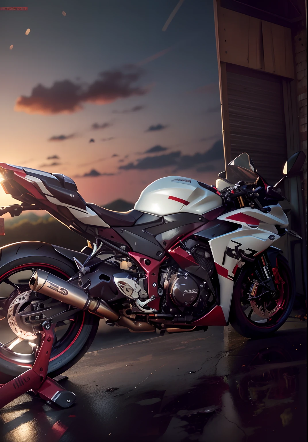 there is a motorcycle parked in a garage with a red tape, front side full, yoshimura exhaust, captured with sony a3 camera, taken with sony a7r camera, side front view, motorcycle, front side, samurai vinyl wrap, f 3 2, f32, front side views full, rear shot, front side view, motorbike, front profile, background, bokeh