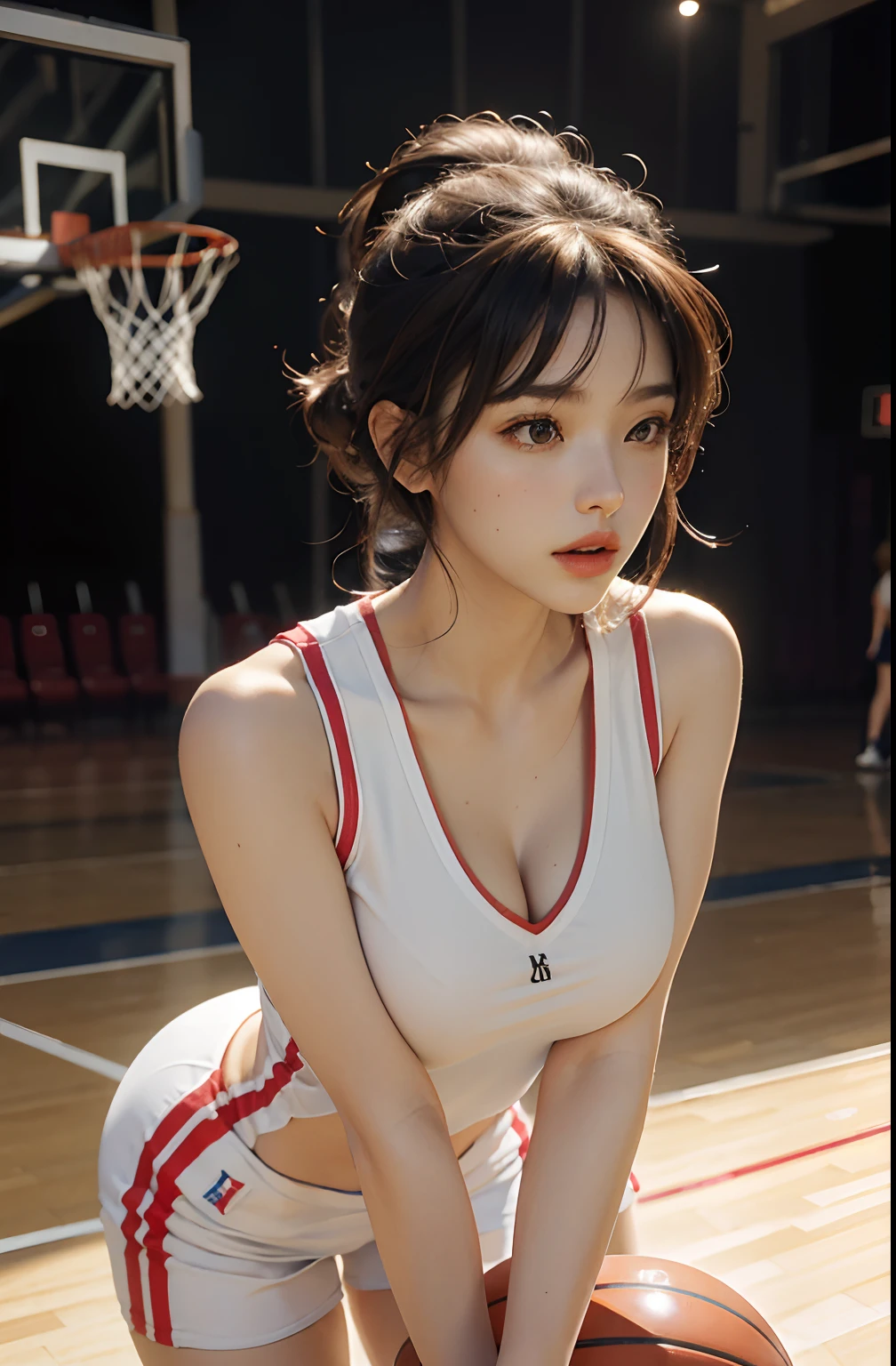 (RAW photo, 4k, masterpiece, high resolution, extremely complex) (realistic: 1.4), cinematic lighting Delicate girl with facial features
1 Girl, Single Focus, Summer Noon, Hot, 1990s\(Style\), Skin White, (Big Breast, Cleavage), (Best Quality), (Highres), (An Extremely Delicate and Beautiful),,(Beautiful 8k face),(Brown Eyes),(ulzzang-6500:1.0),(solo),( looking side),(spectators),(large breasts),(NBA),bent over,,lookside,(side), ,(Basketball sportswear),((Play basketball)),((gymnasium)),((speed)),(reality),