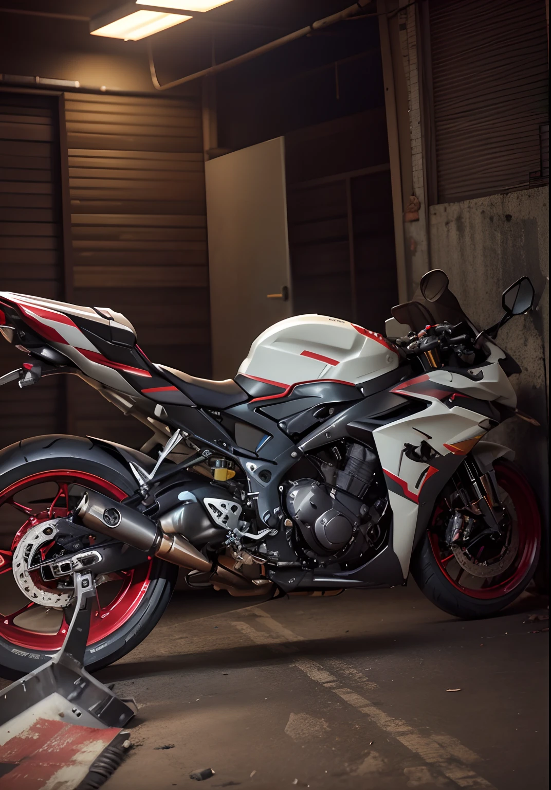 there is a motorcycle parked in a garage with a red tape, front side full, yoshimura exhaust, captured with sony a3 camera, taken with sony a7r camera, side front view, motorcycle, front side, samurai vinyl wrap, f 3 2, f32, front side views full, rear shot, front side view, motorbike, front profile, background, bokeh