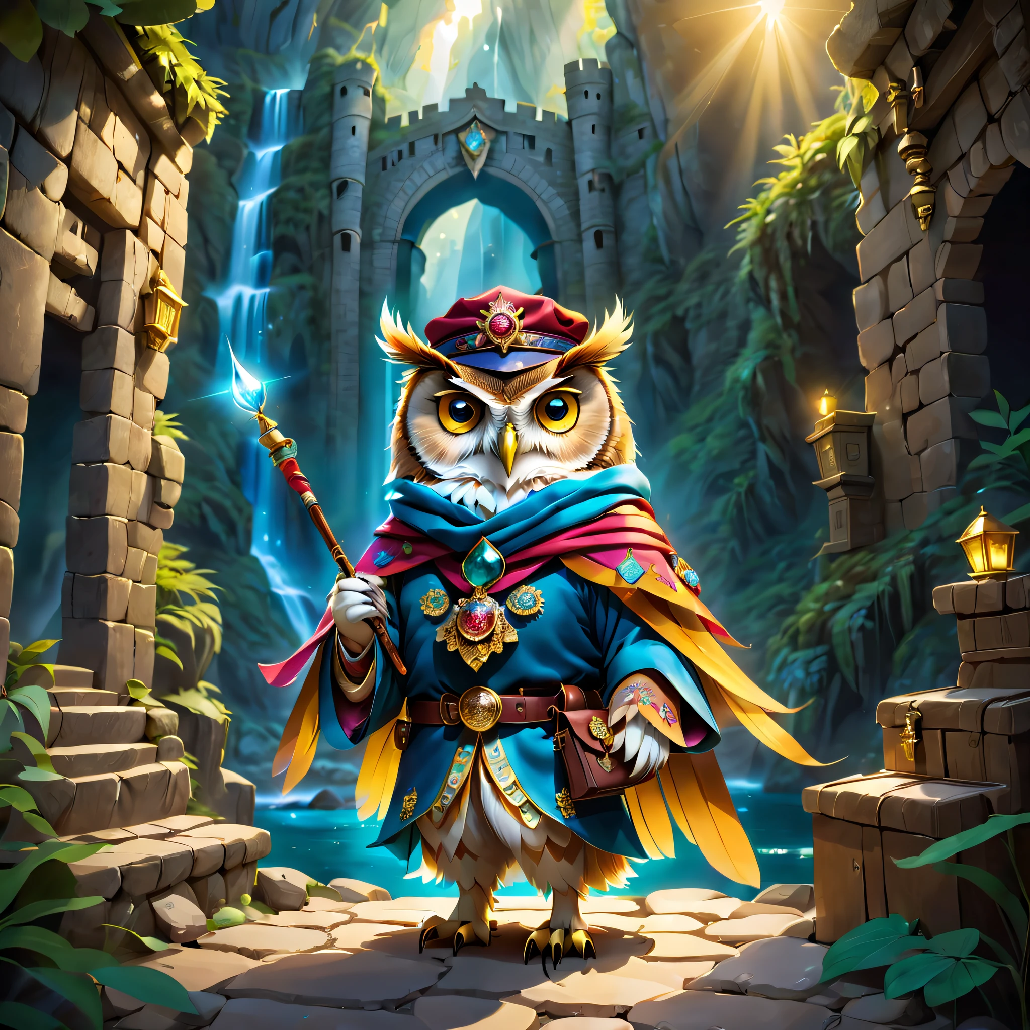 When a cute owl steps into the dark castle，A faint ray of sunlight shone through a crack in the ancient wall。It wears a special magician costume，Wearing a pointed hat，holding wands，Dressed in a brightly colored silk scarf，It is embroidered with a gold expedition badge，It symbolizes courage and adventurous spirit。The castle is full of ancient atmosphere，The walls are inlaid with sparkling gems and treasures。The owl goes deep into the castle，A hidden passage was discovered，The walls of the passage are inlaid with pearls of strange shapes，radiating a soft。Walk cautiously through the passage，The faint sound of running water was heard，A stunning underground waterfall comes into view。Waterfalls rush down from the towering rock faces，A pool of crystal clear water is formed，The pool shimmered blue，There seems to be an endless treasure hidden。Owls explore the island, which is made up of pearls and gemstones in the water，There is an elaborate treasure chest on the island，Set with sparkling diamonds。The owl carefully opened the box，Found filled with glittering gems and gold coins。 (Cinematic lighting, first person perspective, angle of view, in a panoramic view, Ultra-wide angle, hyper HD, Anatomically correct, Masterpiece, ccurate, Award-Awarded, Best quality)，Dressed Animals page