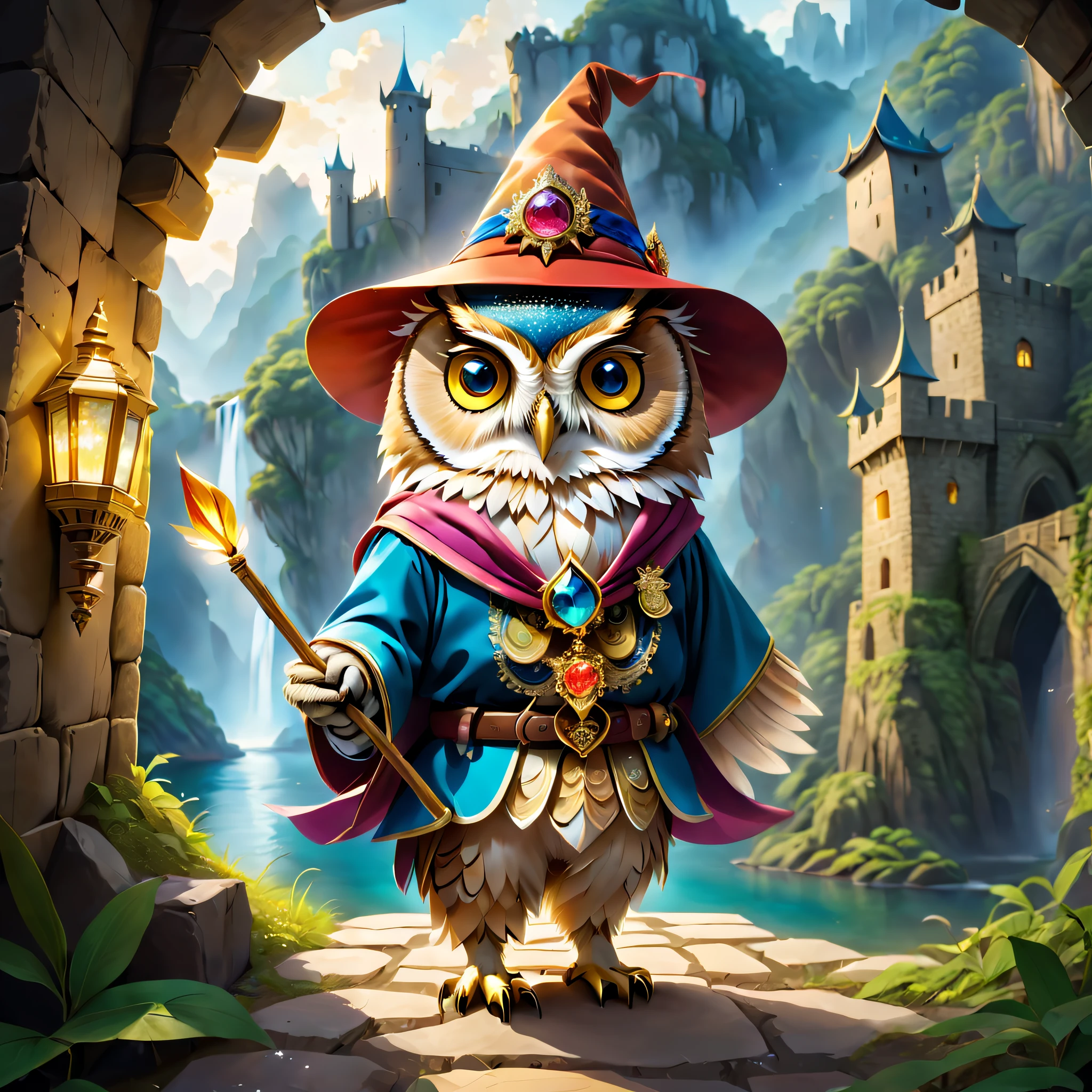 When a cute owl steps into the dark castle，A faint ray of sunlight shone through a crack in the ancient wall。It wears a special magician costume，Wearing a pointed hat，holding wands，Dressed in a brightly colored silk scarf，It is embroidered with a gold expedition badge，It symbolizes courage and adventurous spirit。The castle is full of ancient atmosphere，The walls are inlaid with sparkling gems and treasures。The owl goes deep into the castle，A hidden passage was discovered，The walls of the passage are inlaid with pearls of strange shapes，radiating a soft。Walk cautiously through the passage，The faint sound of running water was heard，A stunning underground waterfall comes into view。Waterfalls rush down from the towering rock faces，A pool of crystal clear water is formed，The pool shimmered blue，There seems to be an endless treasure hidden。Owls explore the island, which is made up of pearls and gemstones in the water，There is an elaborate treasure chest on the island，Set with sparkling diamonds。The owl carefully opened the box，Found filled with glittering gems and gold coins。 (Cinematic lighting, first person perspective, angle of view, in a panoramic view, Ultra-wide angle, hyper HD, Anatomically correct, Masterpiece, ccurate, Award-Awarded, Best quality)，Dressed Animals page