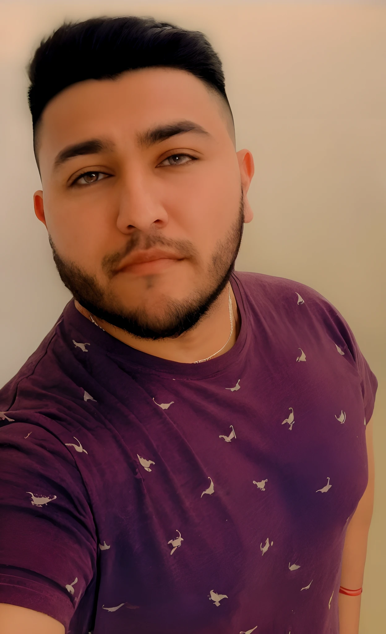 Arafed man with beard and a purple shirt with birds on it, imagen de muy muy muy baja calidad, around 1 9 , taken in the early 2020s, 1 / 2 disparos en la cabeza, muy, muy baja calidad, Imagen de perfil, Foto de perfil de la foto de cabeza, andres rios, 2 7 years old, Foto de perfil, Foto de baja calidad, Christian Orrillo