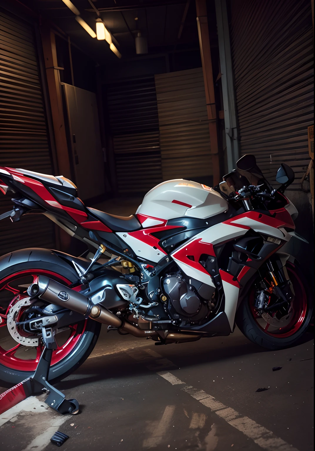 there is a motorcycle parked in a garage with a red tape, front side full, yoshimura exhaust, captured with sony a3 camera, taken with sony a7r camera, side front view, motorcycle, front side, samurai vinyl wrap, f 3 2, f32, front side views full, rear shot, front side view, motorbike, front profile, background, bokeh