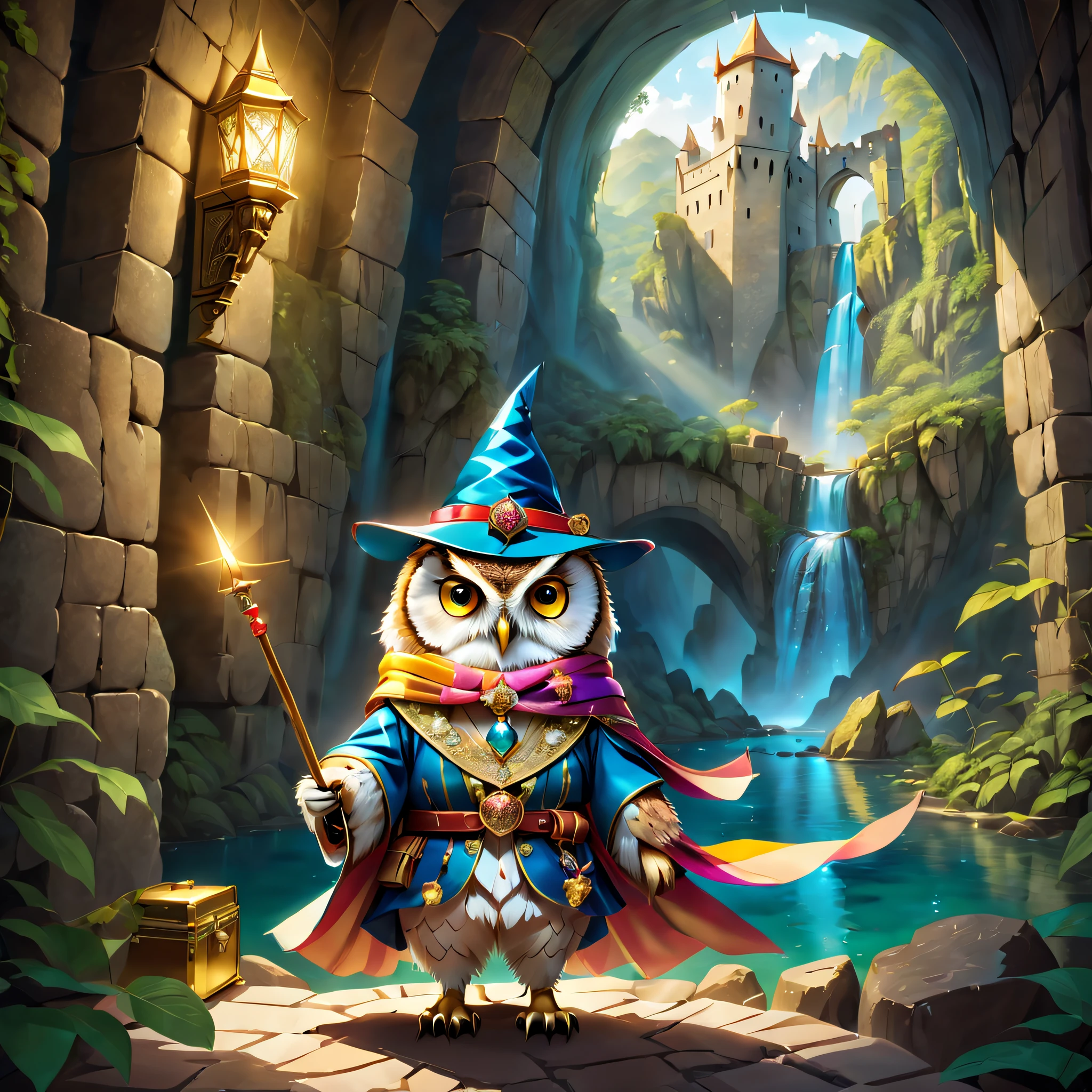 When a cute owl steps into the dark castle，A faint ray of sunlight shone through a crack in the ancient wall。It wears a special magician costume，Wearing a pointed hat，holding wands，Dressed in a brightly colored silk scarf，It is embroidered with a gold expedition badge，It symbolizes courage and adventurous spirit。The castle is full of ancient atmosphere，The walls are inlaid with sparkling gems and treasures。The owl goes deep into the castle，A hidden passage was discovered，The walls of the passage are inlaid with pearls of strange shapes，radiating a soft。Walk cautiously through the passage，The faint sound of running water was heard，A stunning underground waterfall comes into view。Waterfalls rush down from the towering rock faces，A pool of crystal clear water is formed，The pool shimmered blue，There seems to be an endless treasure hidden。Owls explore the island, which is made up of pearls and gemstones in the water，There is an elaborate treasure chest on the island，Set with sparkling diamonds。The owl carefully opened the box，Found filled with glittering gems and gold coins。 (Cinematic lighting, first person perspective, angle of view, in a panoramic view, Ultra-wide angle, hyper HD, Anatomically correct, Masterpiece, ccurate, Award-Awarded, Best quality)，Dressed Animals page