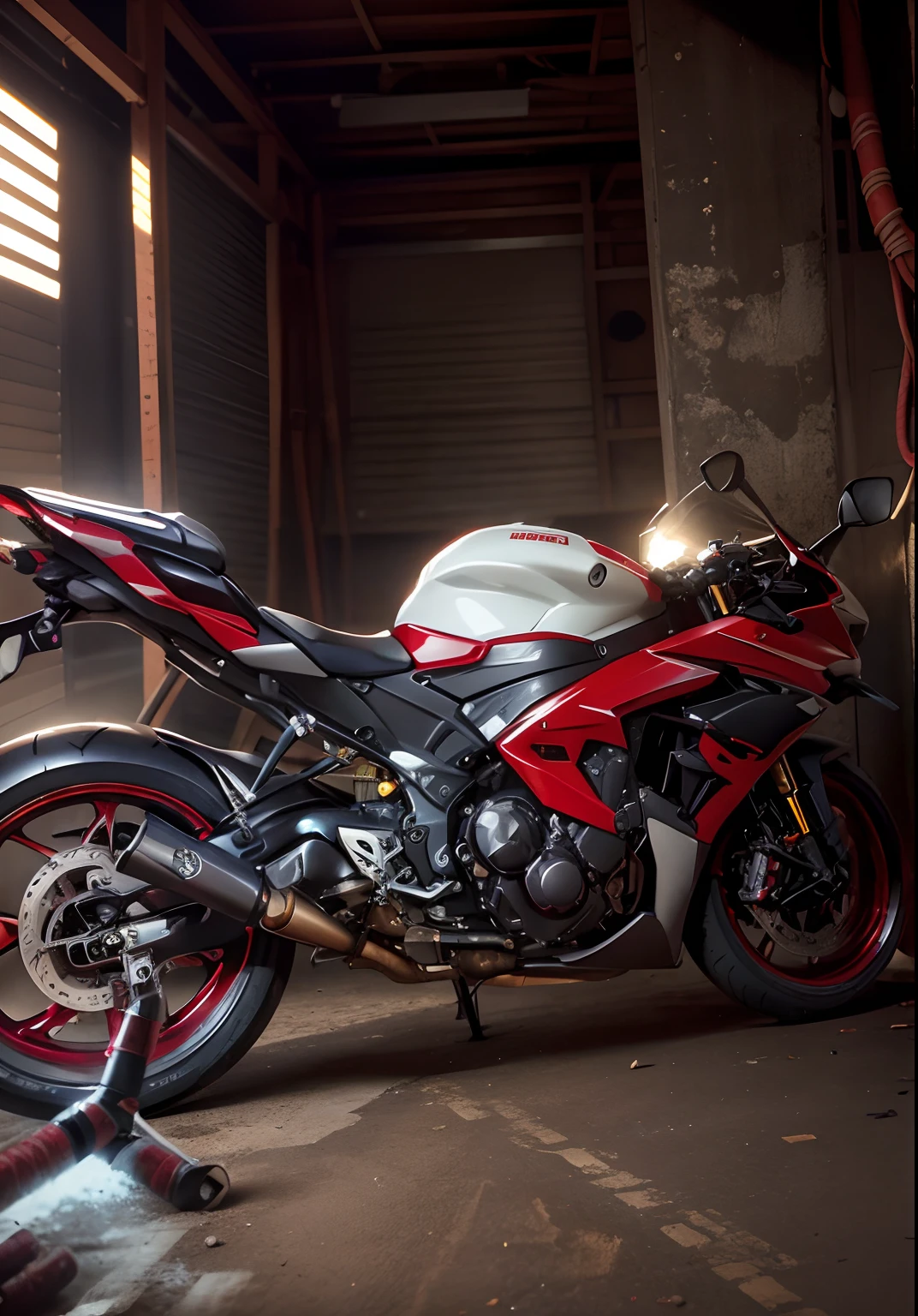 there is a motorcycle parked in a garage with a red tape, front side full, yoshimura exhaust, captured with sony a3 camera, taken with sony a7r camera, side front view, motorcycle, front side, samurai vinyl wrap, f 3 2, f32, front side views full, rear shot, front side view, motorbike, front profile, background, bokeh