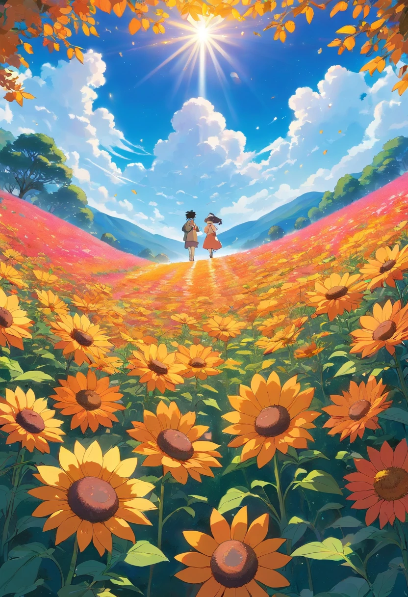 This image is、Sunfloweraceae(Astaracee)Cosmos flowers belonging to々It is taken from the perspective of looking up from the ground。In the background, a vivid blue sky spreads out.、In the center, the shining sun creates a starburst effect。Cosmos flowers are pink、blanche、It has a rich shade of orange、It is a scene reminiscent of a lively autumn day。Because the sun's rays penetrate the petals、florals々is visible in the light,、That's what brings warmth and brightness to this image。