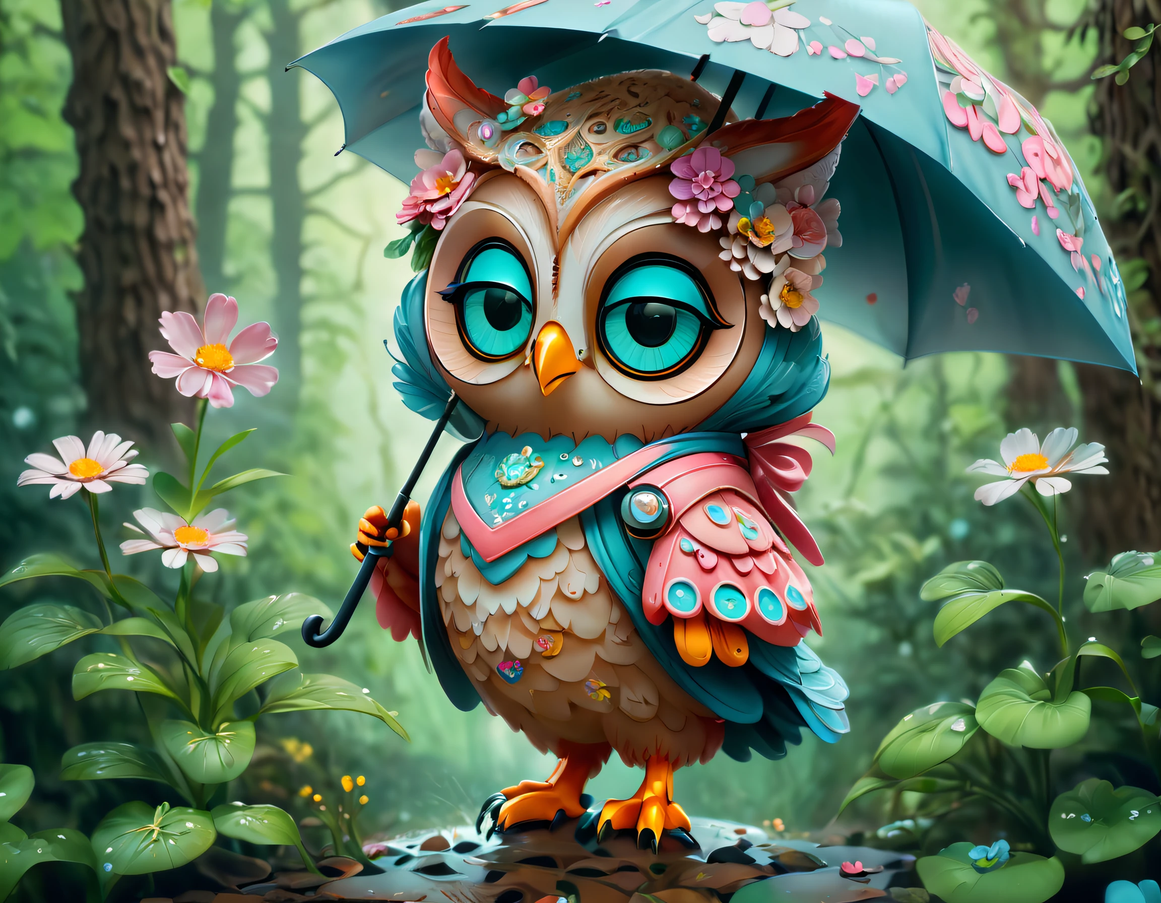 （Draw a colorful owl with an umbrella with flowers）,（Transparent umbrella），
Background with：ln the forest， Cute detailed digital art, lovely digital painting, adorable digital art, Beeple and Jeremiah Ketner, cute owl, cute detailed artwork, cute 3 d render, digital painting highly detailed, cute colorful adorable, highly detailed digital artwork, highly detailed and colored, digital art highly detailed, cute artwork