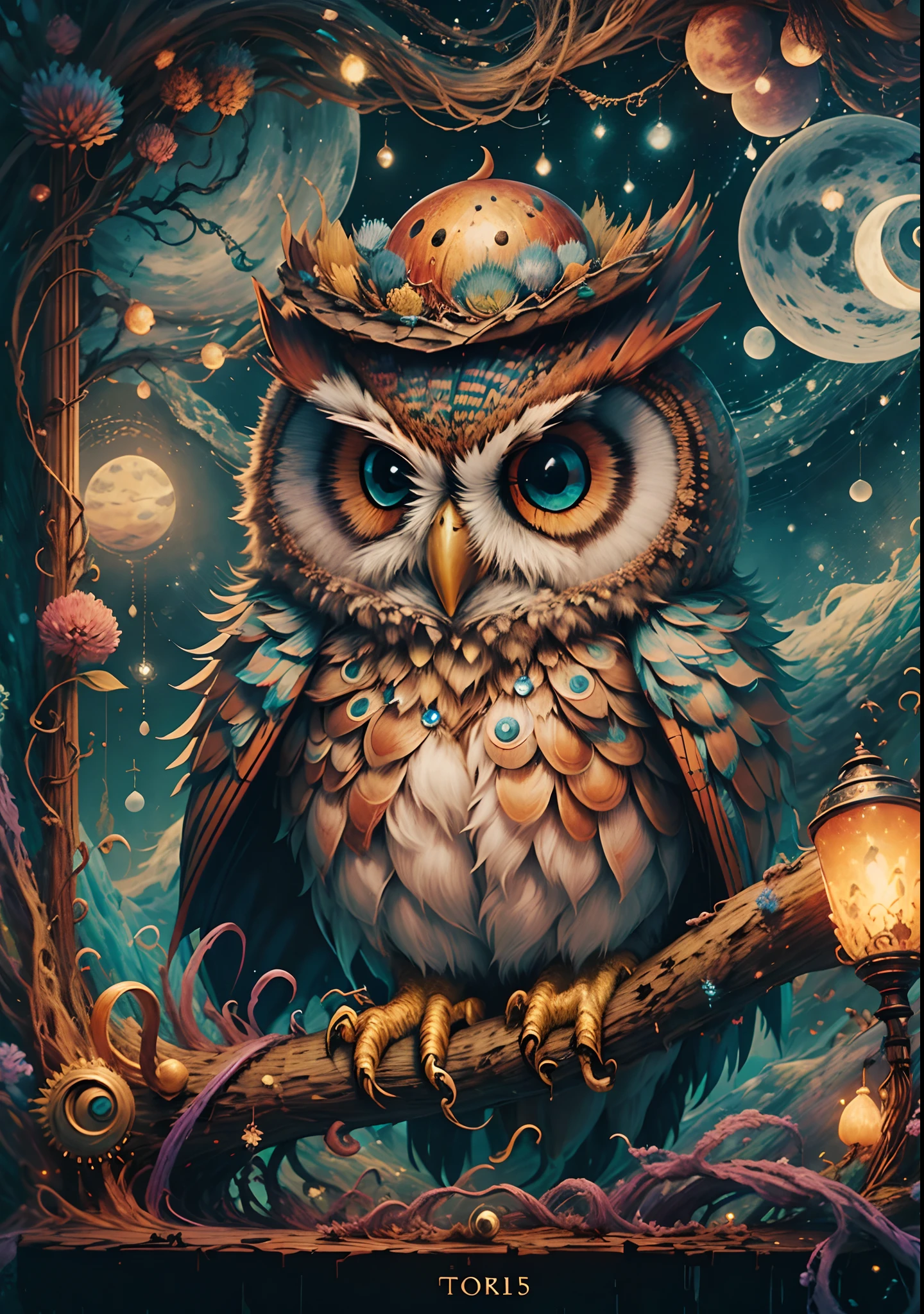 (tarot cards:1.5,rotary symmetrical),(tmasterpiece),(ultra - detailed:1.3),best qualtiy,(glittery:1.2),(dreamworld:1.4),((Van Gogh-style owls)),(The moon is empty),A mysterious owl,Wearing a mage's robes,Wear a pointed hat,Teach with a wand,the night,Skysky,moon full,NOhumans,Fantastic magic style, and other decorations, Fantasy world, In cute cartoon design style, pop mart, vibrant with colors,brightly,1.4x realism,hyper HD,It is displayed in this beautiful scene,(The is very detailed,reasonable design,Clear lines,High- sharpness,tmasterpiece,offcial art,movie light effect,8K)
