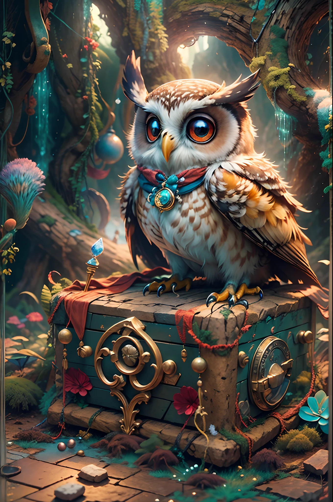 When a cute owl steps into the dark castle,A faint ray of sunlight shone through a crack in the ancient wall。It wears a special magician costume,Wearing a pointed hat,holding wands,Dressed in a brightly colored silk scarf,It is embroidered with a gold expedition badge,It symbolizes courage and adventurous spirit。The castle is full of ancient atmosphere,The walls are inlaid with sparkling gems and treasures。The owl goes deep into the castle,A hidden passage was discovered,The walls of the passage are inlaid with pearls of strange shapes,radiating a soft。Walk cautiously through the passage,The faint sound of running water was heard,A stunning underground waterfall comes into view。Waterfalls rush down from the towering rock faces,A pool of crystal clear water is formed,The pool shimmered blue,There seems to be an endless treasure hidden。Owls explore the island, which is made up of pearls and gemstones in the water,There is an elaborate treasure chest on the island,Set with sparkling diamonds。The owl carefully opened the box,Found filled with glittering gems and gold coins。 (Cinematic lighting, first person perspective, angle of view, in a panoramic view, Ultra-wide angle, hyper HD, Anatomically correct, Masterpiece, ccurate, Award-Awarded, Best quality),