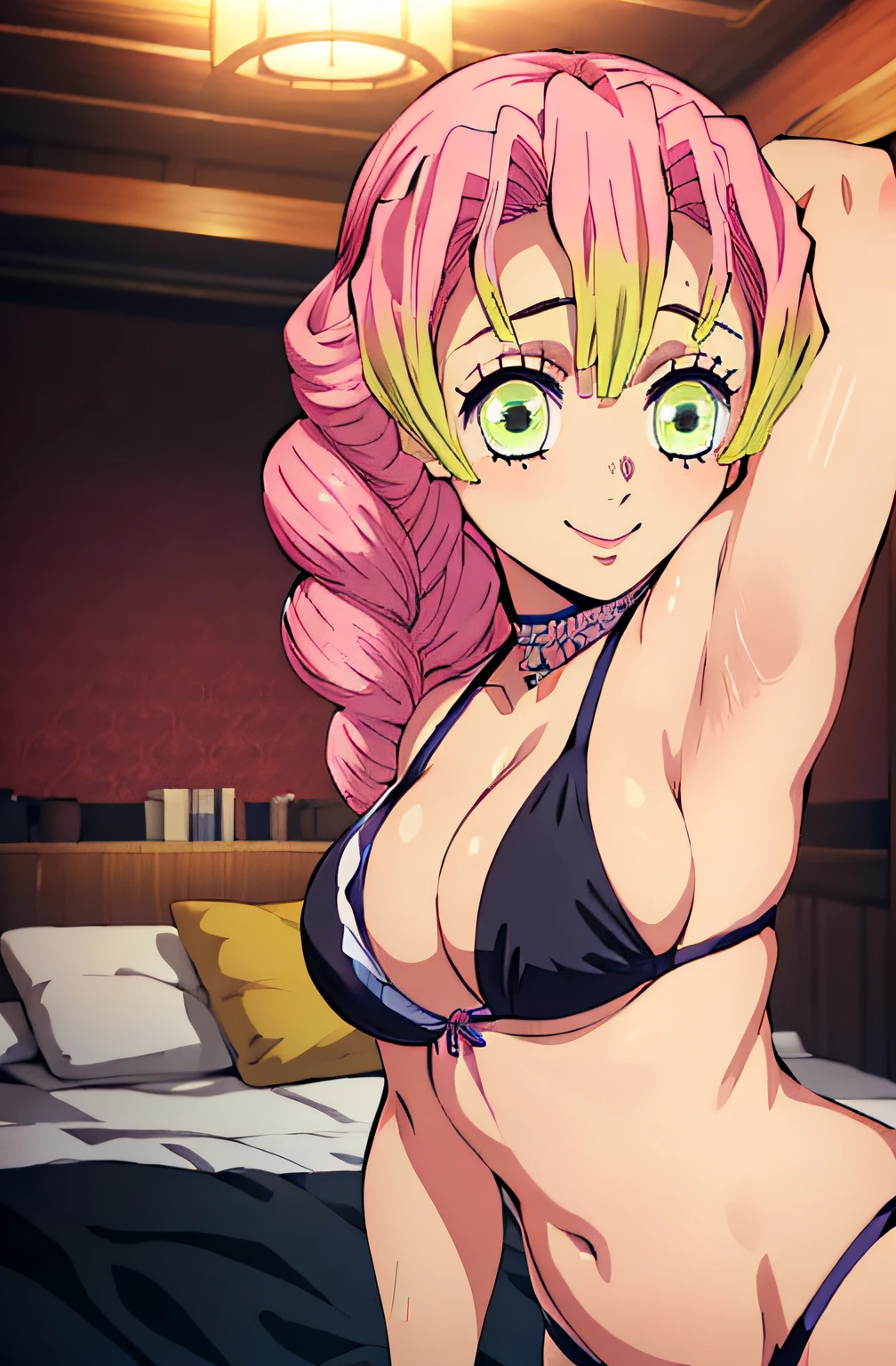 (obra maestra, mejor calidad), 1chica, MitsuriKanroji, deslumbrante, sonrisa, armpits, black bikini, room, night, bed