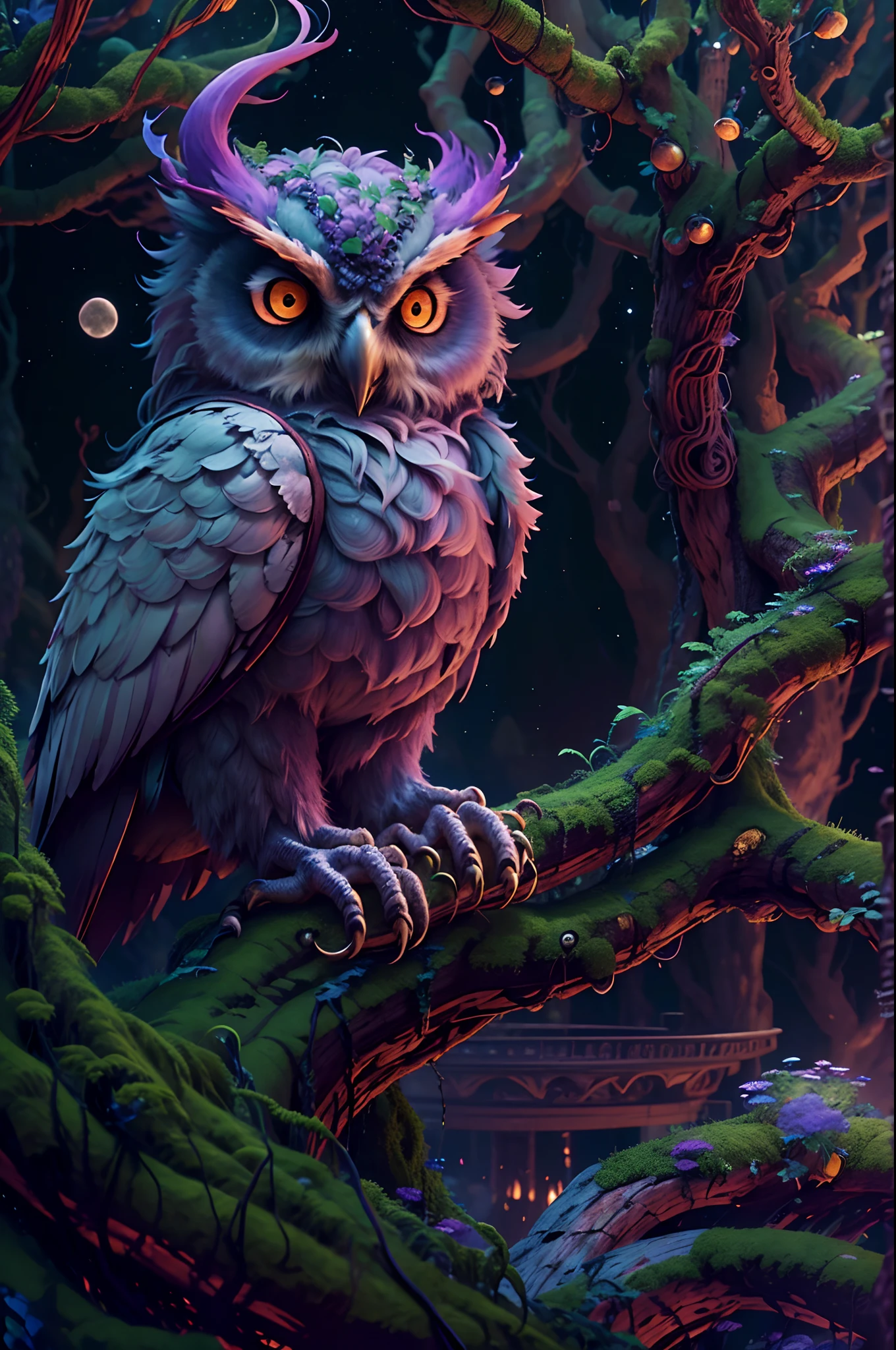 moon full，themoon，On the sacred World Tree，(Perched on a giant evil owl: 1.5), Build a horrible nest out of branches and leaves，It exudes darkness and evil。The owl stares at everything around him with a sharp gaze，Their feathers are as black as night，With an eerie purple glow。The breath of life in the trees seems to be eroded by these evil forces，Leaves wither，The shoots are twisted。Sin embargo，Right deep at the roots of the World Tree，A warm glow is quietly blooming。It is a symbol of hope，It represents the power of justice and courage。Although evil exists，But justice will be restored，The World Tree will be brought back to life，Banish those dark shadows， (Cinematic lighting, first person perspective, angle of view, in a panoramic view, Ultra-wide angle, hyper HD, Anatomically correct, Masterpiece, ccurate, Award-Awarded, Best quality)，