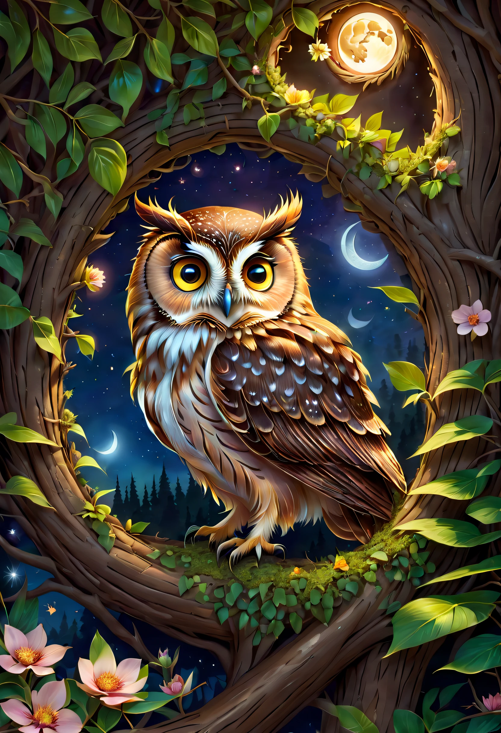 (the night,moon full,nigth: 1.2), starlights,Huge world tree,The foliage is luxuriant,Overgrown with fruit,blossoms,A cute owl hides in a nest in a tree hollow, Carefully stick your head out,looking out, cute owl, Side view, Realistic art, High detail, Owl in a tree hole, Big eyes, rich details,, owl, the wisest of all owls, 8K, Quality of detail