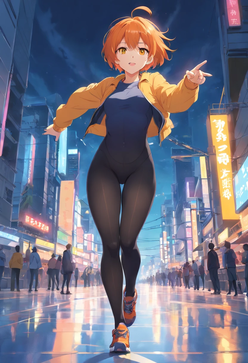 1 female、Orange hair、Colossal tits、Huge ass、Fitting black full-body tights、yellow  eyes、thick thighs、a short bob、wide hips、Thigh muscles、Strong thighs、skating、run