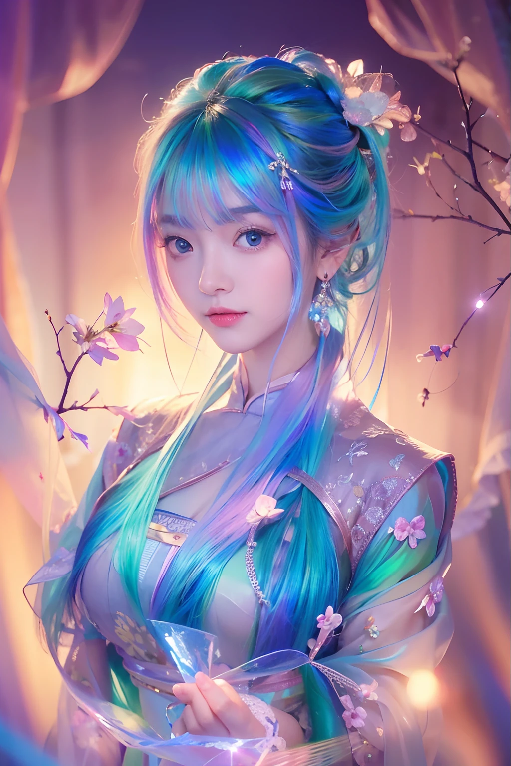 Master masterpieces,Very beautiful beauty,(((A full-length photo of iridescent crystals)))Embroidered cheongsam,((Neat shawl for straight hair)),big bright eyes,Eyes like silk,Nice sunset,Beautiful sky,Delicate face,Best Picture Quality,16K,((frontage)),((looks into camera)),extreme hight detail,High resolution,Photoquality,ultra HD picture quality,