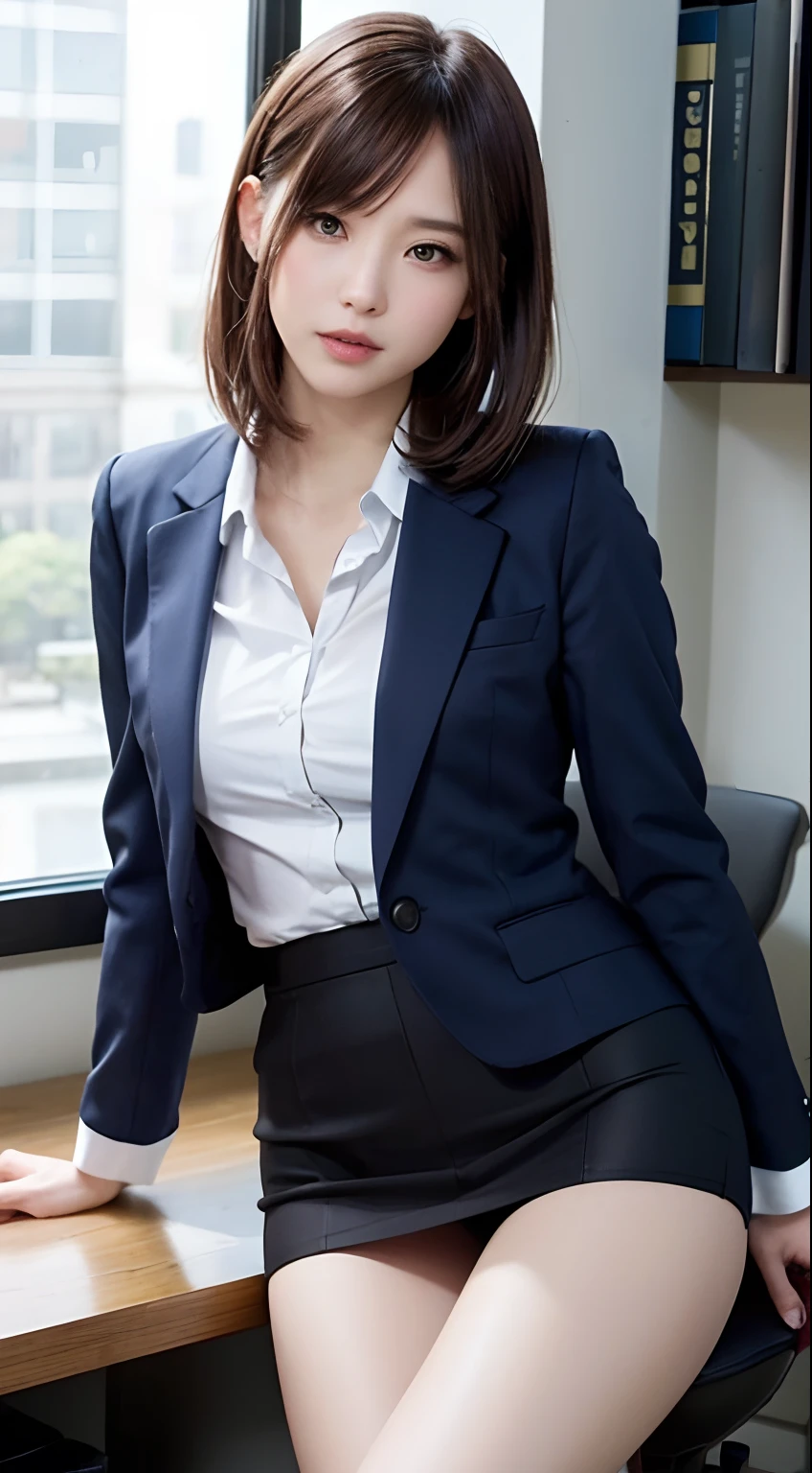 The face is :9,1714884241], Elegant upper-class elite secretary in a business shirt, sit on chair，working in an office、wearing a strict business suit, (Wear pantyhose)、(Short Layer Hair)、Crossed legs, Wear high-end heels、 (thighhighs and skirt), Girl in shirt, dressed in a suit, dressed in a suit, dressed in a suit, Merchant, Business clothes, wearing black suits, Wear a shirt and skirt, Woman in a suit, Business attire, business outfit, RAW photo, (8K、top-quality、tmasterpiece:1.2)、(intricately details:1.4)、(Photorealsitic:1.4)、octane renderings、Complex 3D Rendering Ultra Detail, Studio soft light, rim lights, vibrant detail, super detailing, realistic skin textures, Detal Face, Beautiful detail eyes, Very detailed CG Unity 16k wallpaper, Makeup - makeup, (detailedbackground:1.2), Bare with thighs!!!,