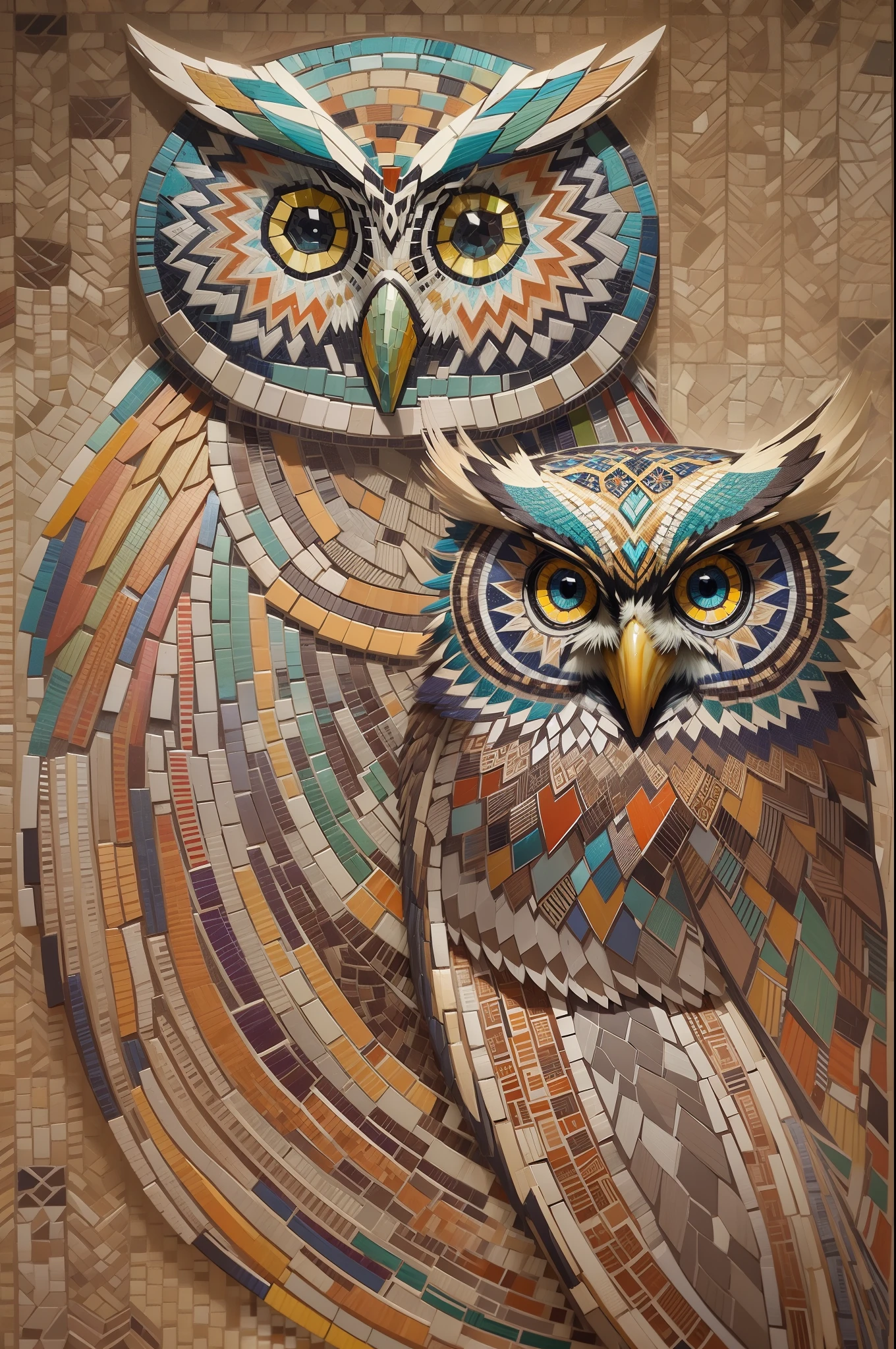 (Energetic owls:1.2, Intricate colorful mosaic-like design:1.2, Mesmerizing artistry:1.1)