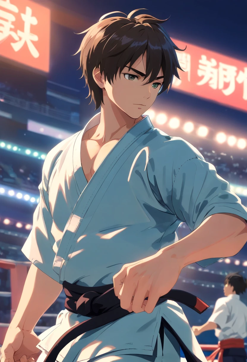 Personagem animado masculino, 25 anos, (Homem),mid hair, cabelo preto, cabelo preso, olhos castanhos, karateka, karate-gi, treinando kata, Tokyo dojo