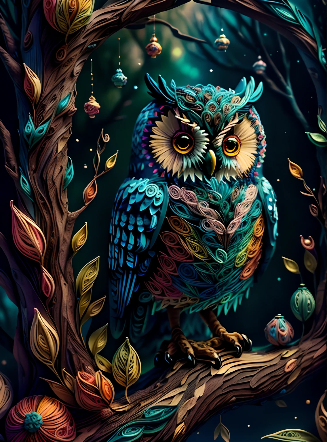 owl in a forest, multi dimensional quilling paper, art, chibi, yang08k, beautiful, colorful, Masterpieces, top quality, best quality, official art, beautiful and aesthetic,((16k ultra realistic))