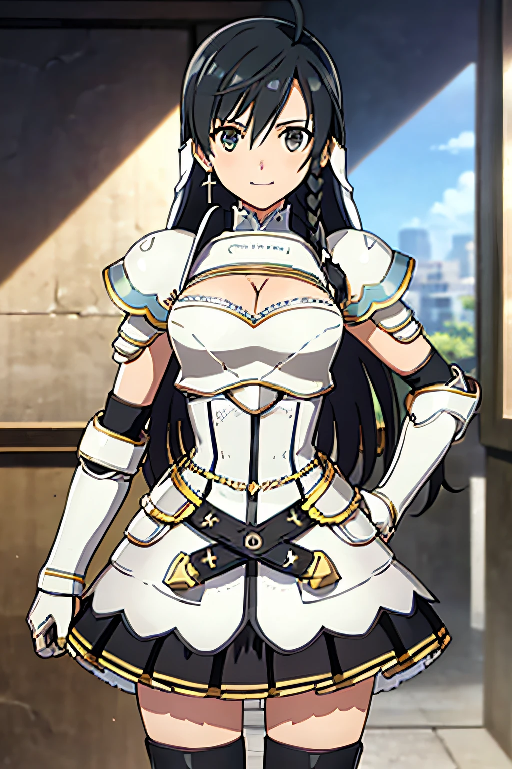 Sonia Blanche, cross earrings, hair ornament, veil, armored dress, pauldrons, breastplate, gauntlets, belt, skirt, greaves, (white beret), 1girl, solo, upper body, big breasts, facing viewer, looking at viewer, smile, close-up, blurry background, outdoors