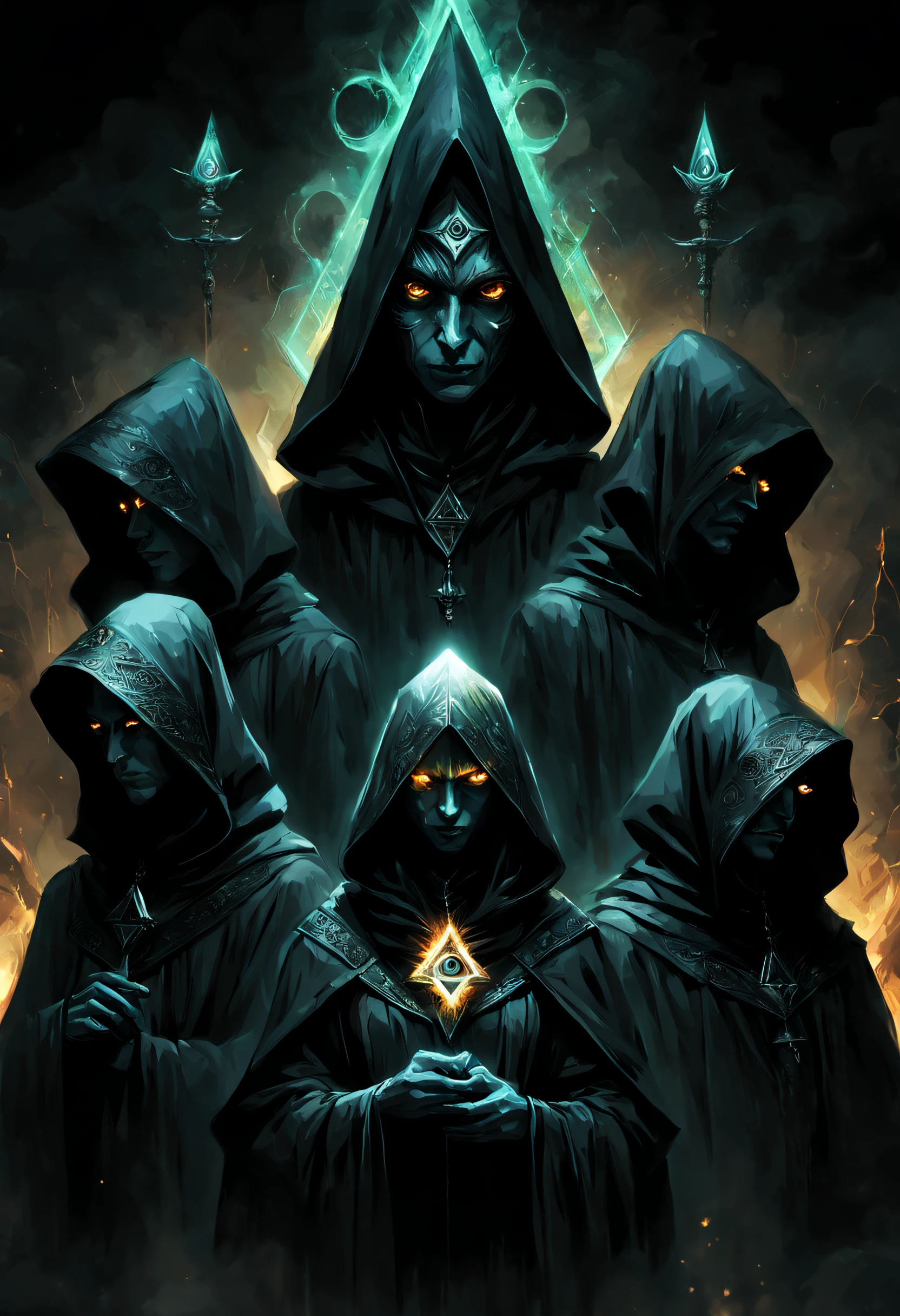 several evil people in hoods in dark robes on cerimony, Vector Sign of the All-Seeing Eye in piramidal structure, glow reptilian eyes, by Agnes Cecile and Alberto Vargas, UHD, by Aleksi Briclot and Alessio Albi and Sofia Sanchez