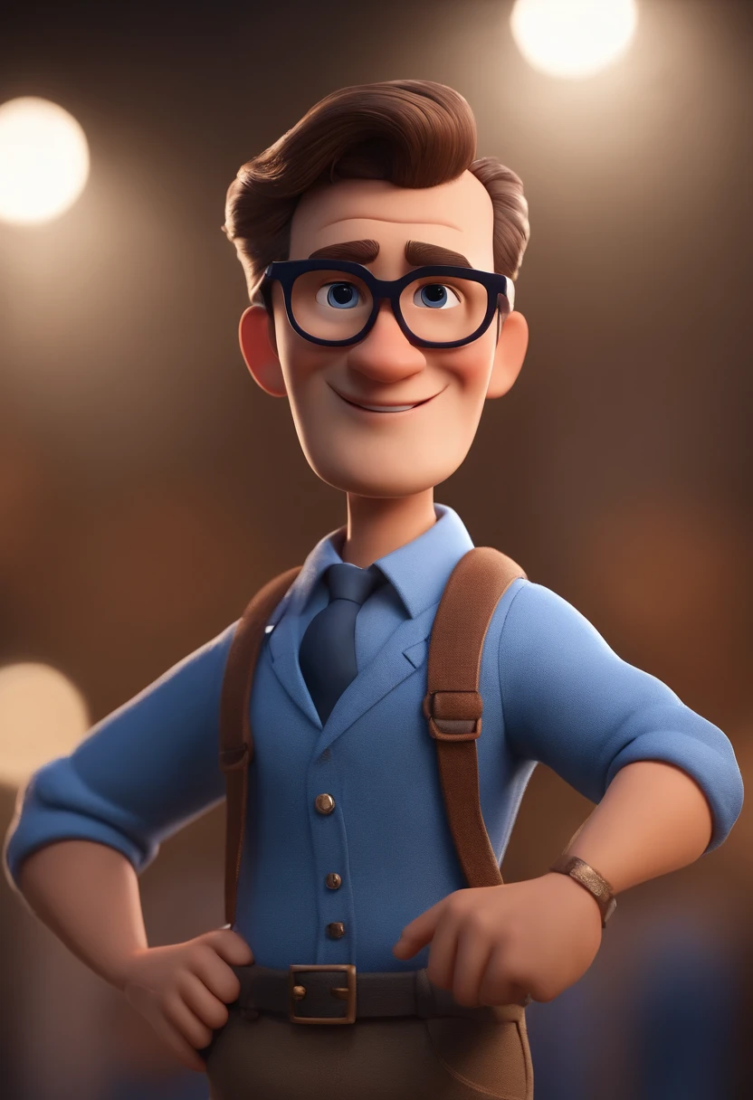 Cartoon character of a man wearing black glasses and a blue shirt, um personagem animado, Caractere estilizado, animation style rendering, 3D estilizado, Arnold Maya render, 3 d render stylized, toon render keyshot, Personagem 3D, Personagem 3D, 3d rendering stylized, 3 d character render, personagem de desenho animado, Personagem de close up, Pose de personagem, (Estilo Pixar) (master part:1.2) (Bokeh) (best quality) (pele detalhada) (textura detalhada) (8k) (argila) (Cinematic lighting) (foco nítido,Senta e vaza a parte superior do corpo
