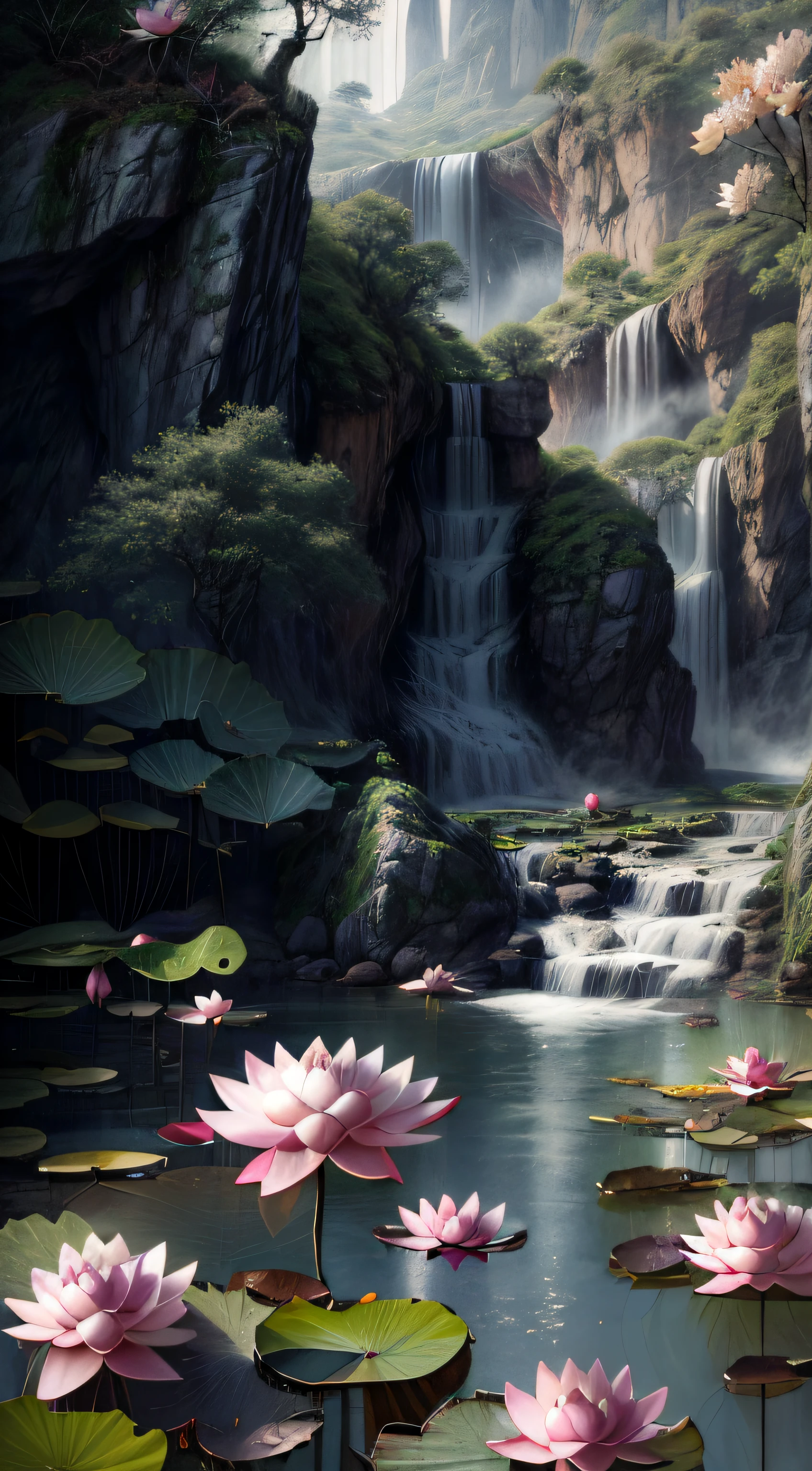 Chinese Ancient Times,Summer, Lake, (lotus flower:1.5),(Delicate and beautiful,Polished:1.3)Cave, waterfallr, tree, louka, Rock music, deers, hot onsen, vapour, (illustration: 1.0), Epic composition, Realistic lighting, HD details, Masterpiece, Best quality, (Very detailed CG unified 8k wallpaper)