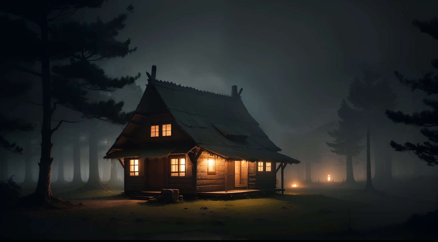 A rustic wooden hut in the forest, sombria, com atmosfera de terror, em uma noite assustadora, shrouded in dense fog and overcast skies, in a deep darkness.