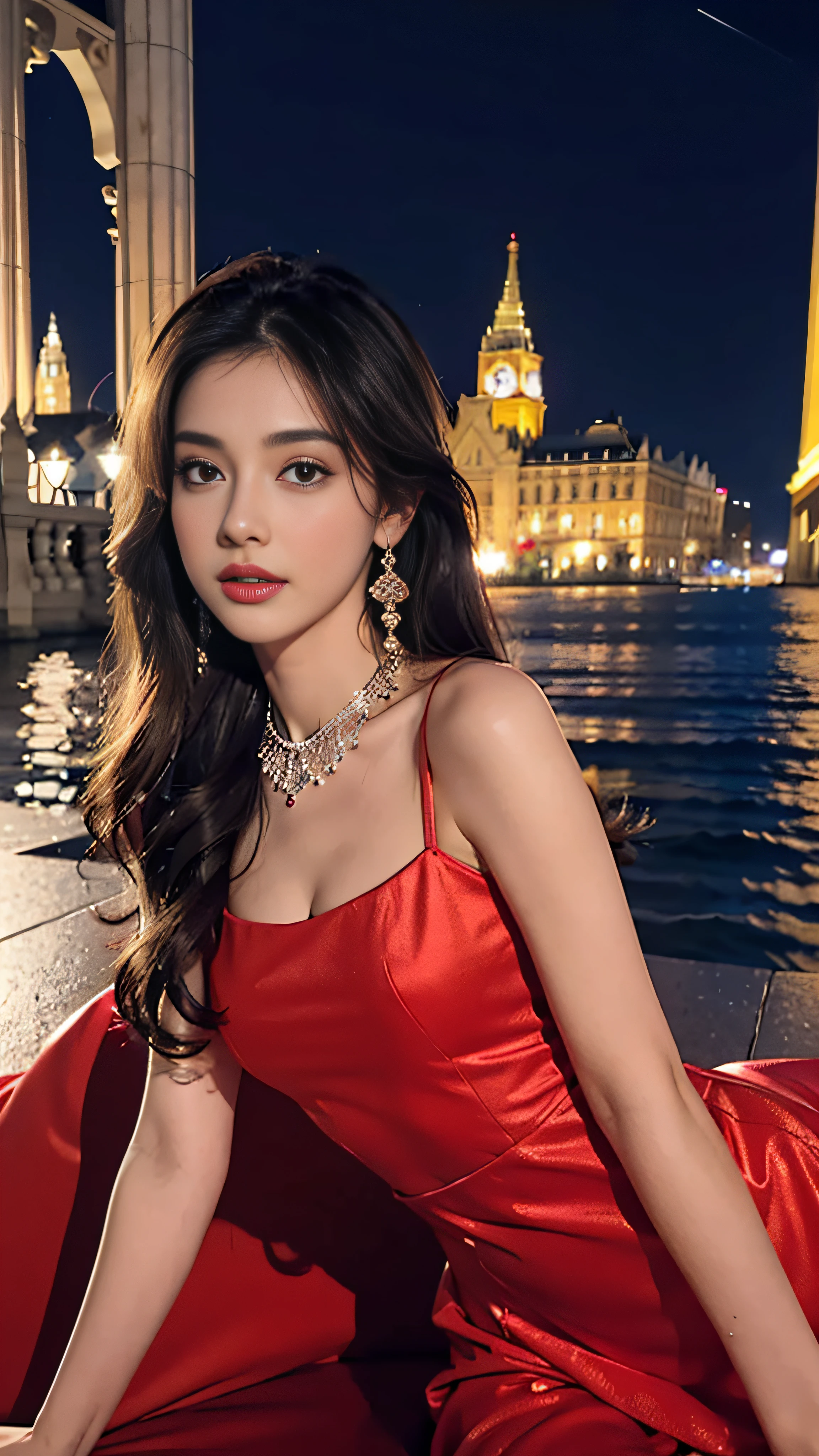 8K, ultra hd, masterpiece, 1 girl, good face, long hair, detailed eyes, glossy lips, medium breast, princess dress, red dress, jewellery, night view, attractive poses,