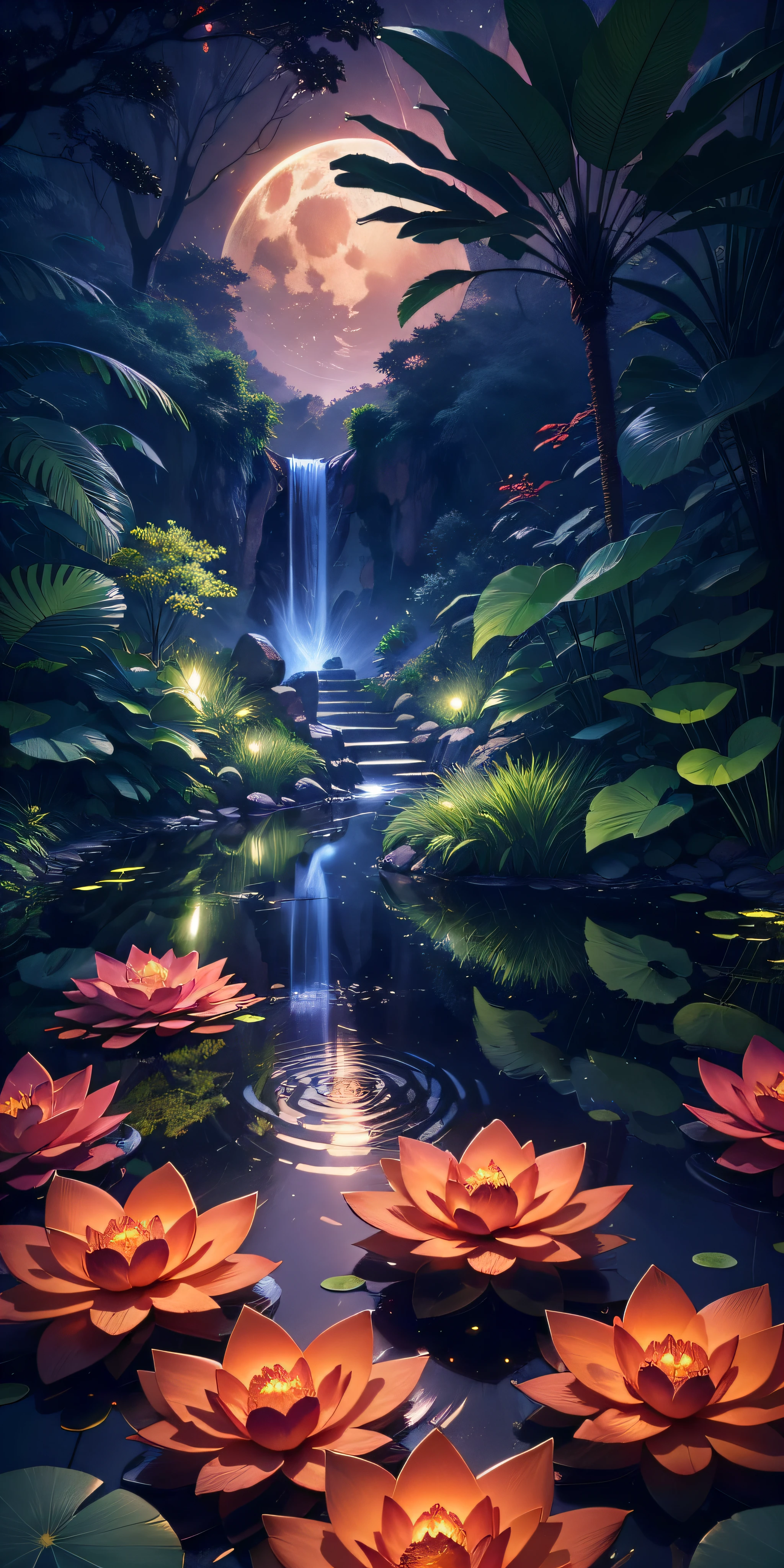 Masterpiece, best quality, (very detailed CG unity 8k wallpaper), (best quality), (best illustration), (best shadows), luminous sprite, (ancient Chinese architecture), stream, clear water near the lake, natural elements in a forest theme. Night Mysterious Forest, beautiful night forest, lotuses in the water, stone steps, stone bridge, night nature surrounded by night flowers, leaves and red branches surrounded by fireflies (natural elements), (night blackout), (night dark sky), (night jungle theme), (red glowing grass), (leaves), (branches), (red fireflies), (particle effects), 3D, dark background, Octane rendering, ray tracing, super detail, night, moon