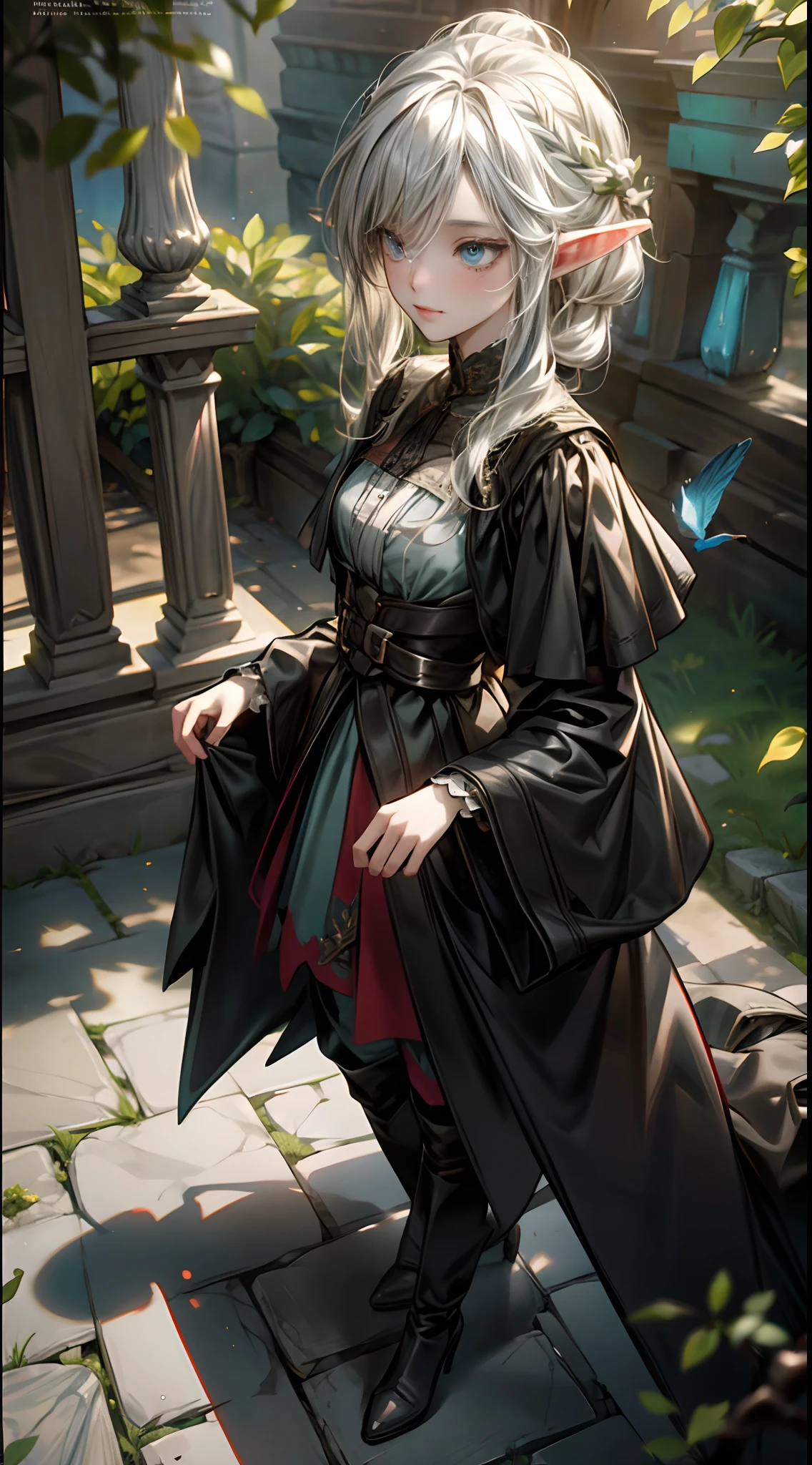 Elf walking around, Age of Enlightenment, ((1girl)), Full body character design, Candid Photography, bokeh, Cinematic Lighting, GoPro HERO9 Black, Birds Eye View, by Albert Dros, Gothic Outfit,