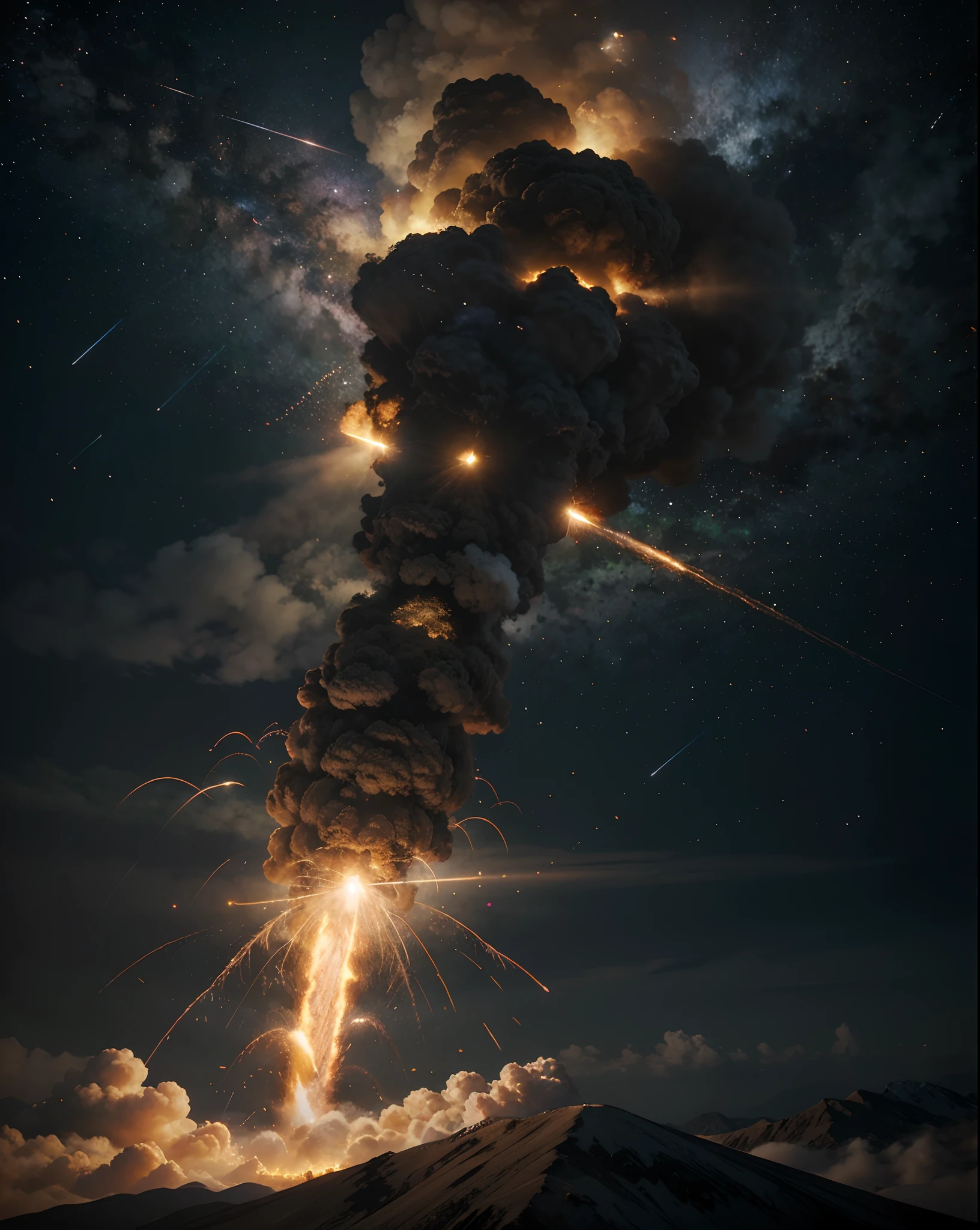 high details, best quality, 16k, RAW, [best detailed], masterpiece, best quality, (extremely detailed), A digital art rendering of a massive meteor hurtling towards the Earth, its fiery tail leaving a trail of destruction in its wake. The sky is ablaze with color, creating a sense of impending doom as the meteor draws closer. The viewer is left to wonder if humanity will be able to survive this cataclysmic event. Third  rules of photography, ample headroom, dynamic pose, perfect illustration, high detail, ultra high quality, high resolution, 16k resolution, ultra hd pictures, ultra realistic, clear details, realistic detail, ultra high definition