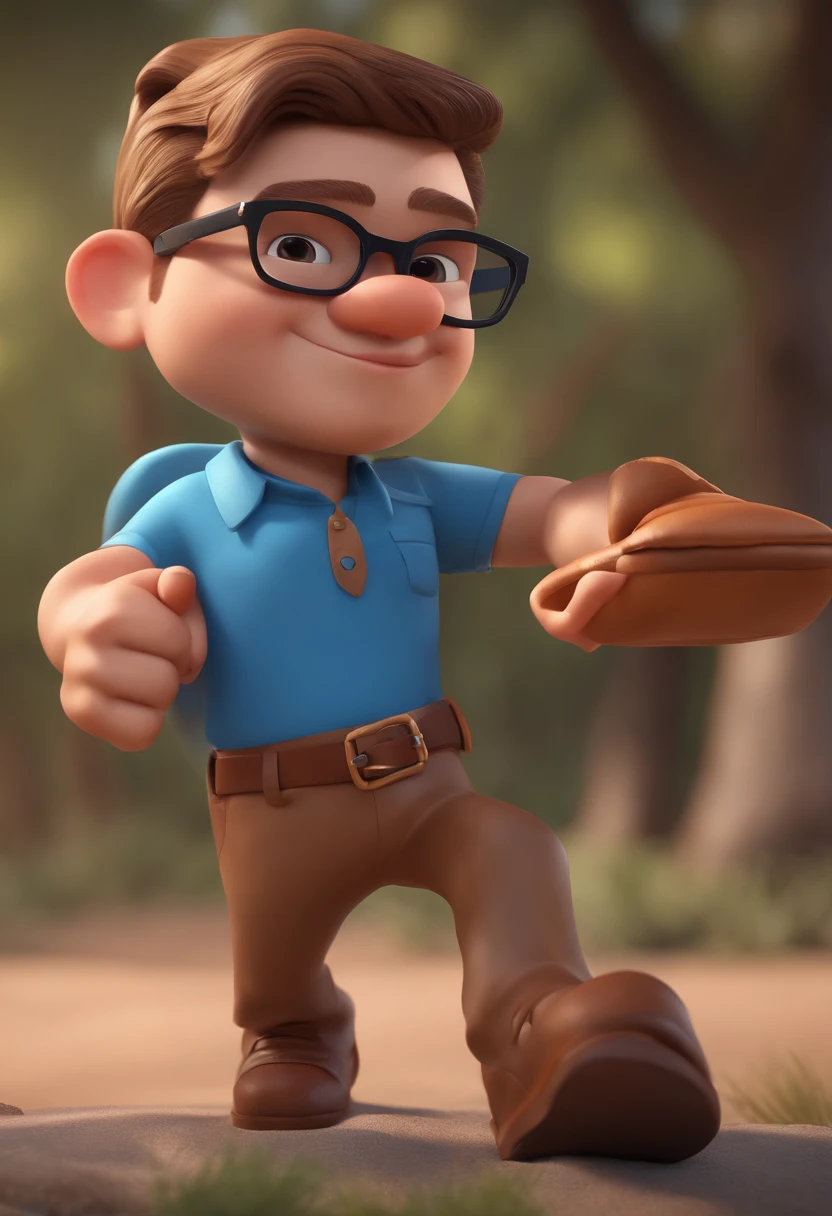 Cartoon character of a white man with black glasses low hair, a safari blue shirt, animation character, Caractere estilizado, animation style rendering, 3D estilizado, Arnold Maya render, 3 d render stylized, toon render keyshot, Personagem 3D, Personagem 3D, 3d rendering stylized, 3 d character render, personagem de desenho animado, Personagem de close up, Pose de personagem, (Estilo Pixar) (master part:1.2) (Bokeh) (best quality) (pele detalhada) (textura detalhada) (8k) (argila) (Cinematic lighting) (foco nítido