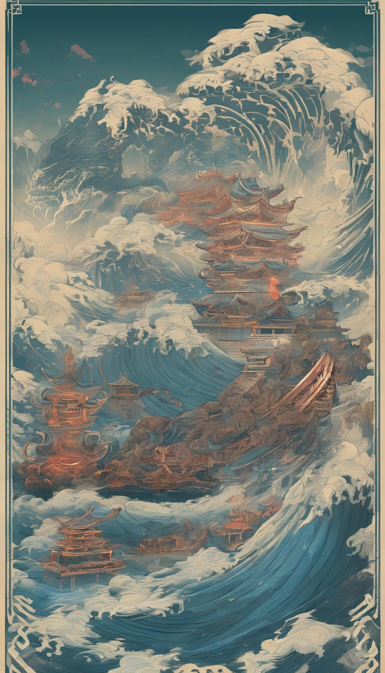 China-style,Chinese mythology,Xuanwu,faucet,Turtle body,Heavy tortoiseshell shell,Snake tail,has horns on its head,tosen,Ferocious,gargantuan,The eyes glow blue light,the sea,Huge waves,surrounded by cloud,中景 the scene is,Full body like, highly detailed surreal vfx,oc rendered, - AR 16:9 --q 2 --s 1000