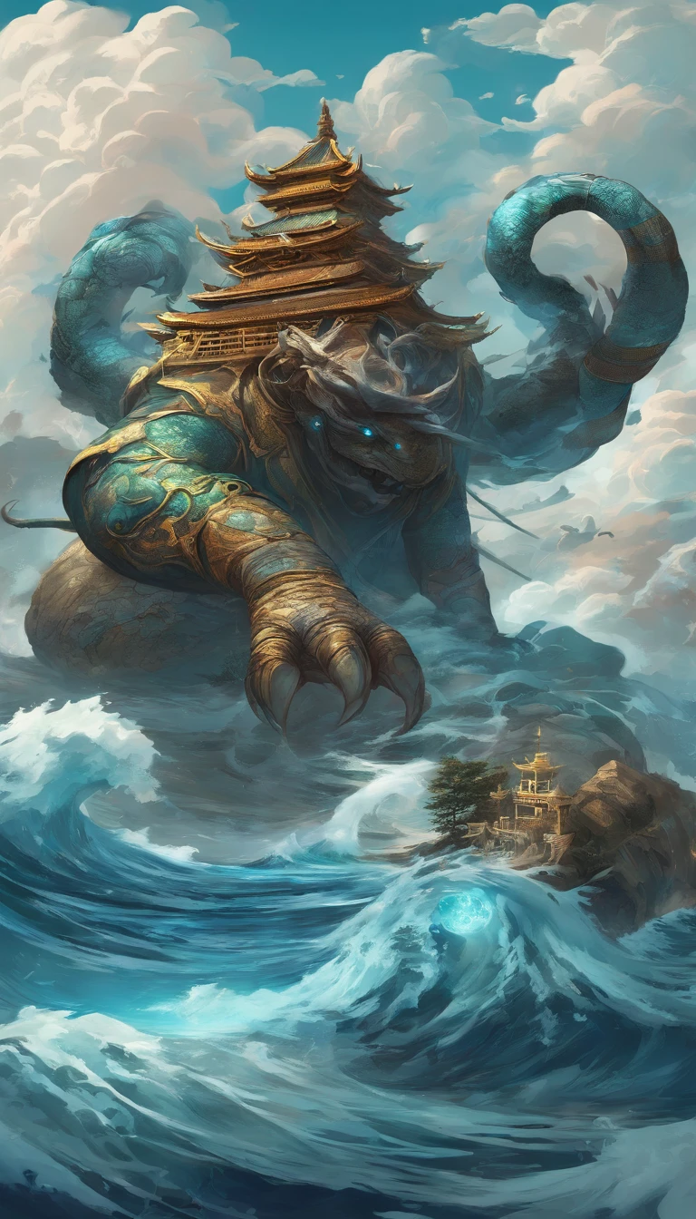 China-style，Chinese mythology，Xuanwu，faucet，Turtle body，Heavy tortoiseshell shell，Snake tail，has horns on its head，tosen，Ferocious，gargantuan，The eyes glow blue light，the sea，Huge waves，surrounded by cloud，中景 the scene is，Full body like， highly detailed surreal vfx，oc rendered， - AR 16:9 --q 2 --s 1000
